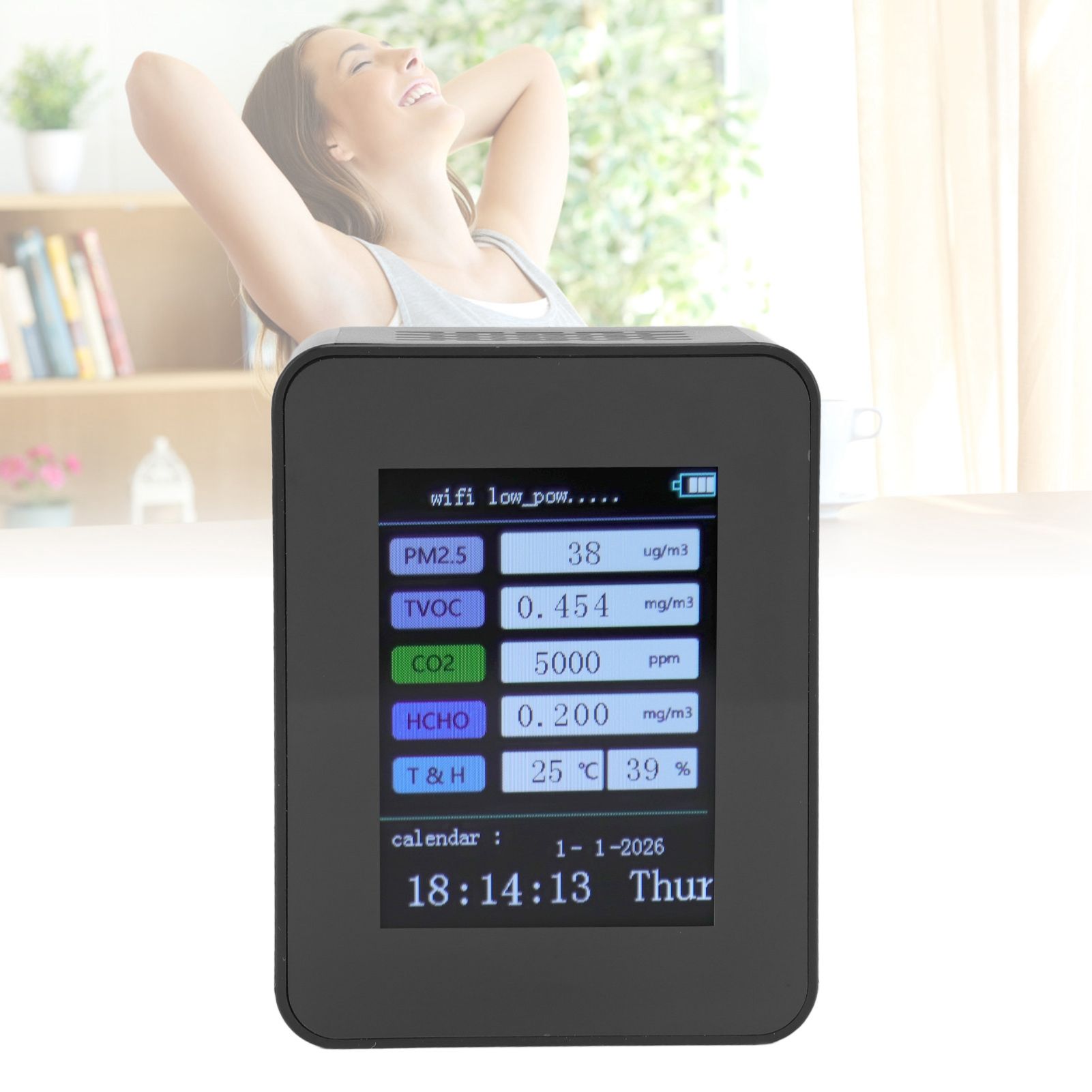 Indoor Air Quality Monitor for TUYA WiFi Smart PM2.5 Formaldehyde Testing 7 in 1 Calendar Time Function Air Quality Detector Black WIFI Version VOC