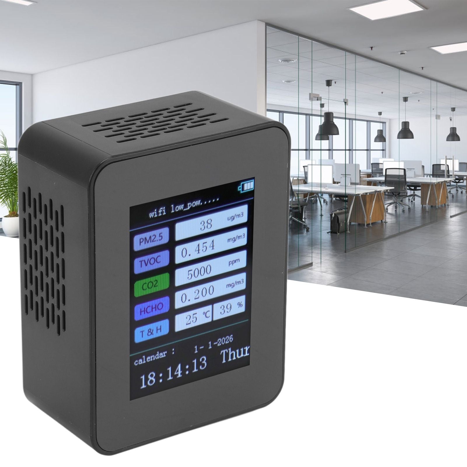 Indoor Air Quality Monitor for TUYA WiFi Smart PM2.5 Formaldehyde Testing 7 in 1 Calendar Time Function Air Quality Detector Black WIFI Version VOC