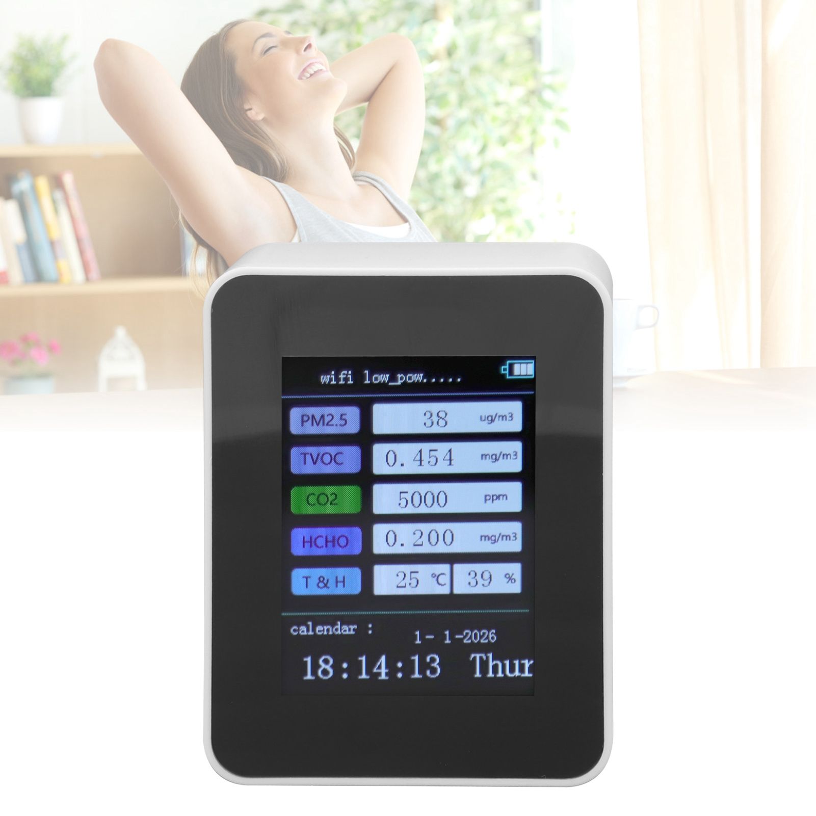 Indoor Air Quality Monitor for TUYA WiFi Smart PM2.5 Formaldehyde Testing 7 in 1 Calendar Time Function Air Quality Detector White WIFI Version VOC