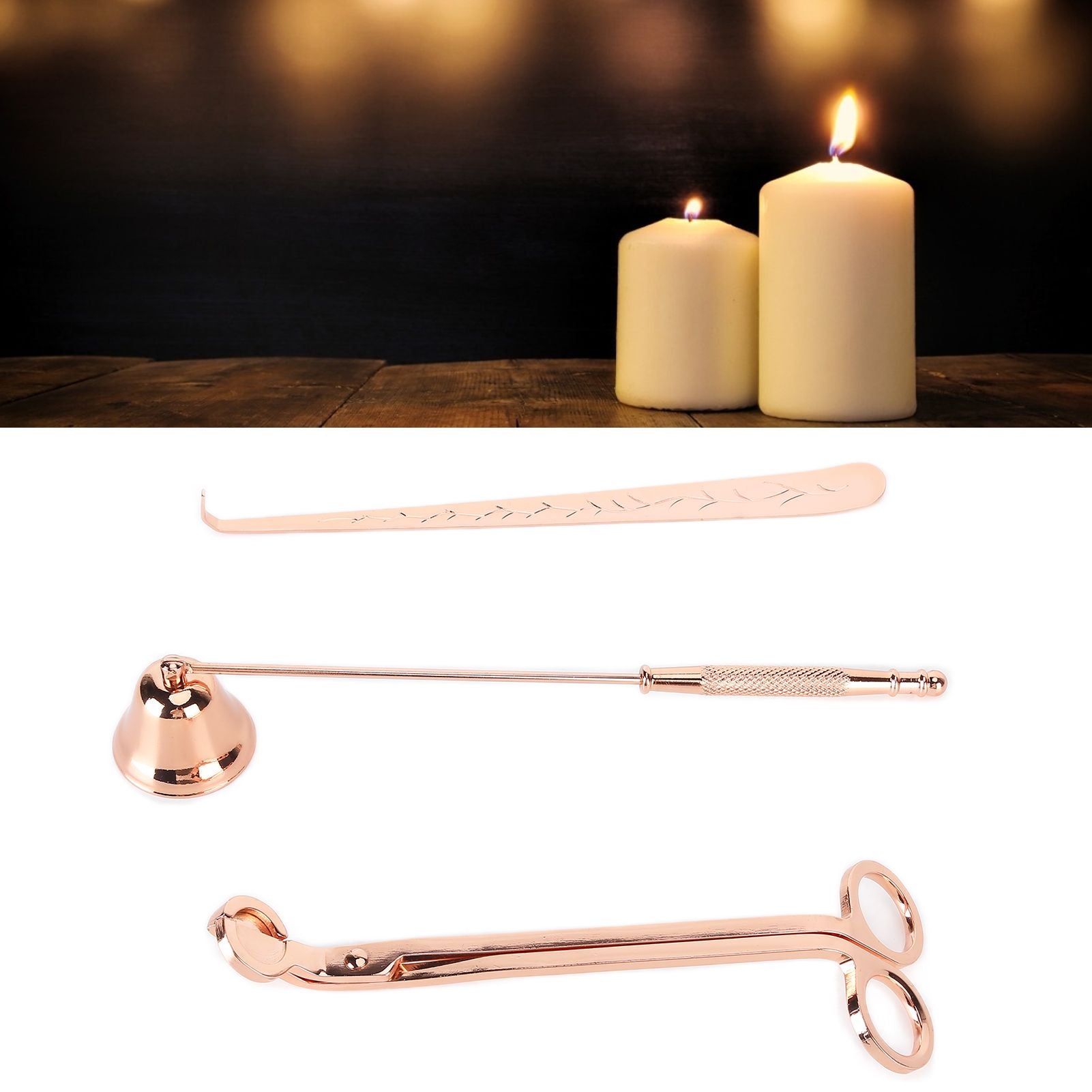3PCS Candle Accessory Set Candle Wick Trimmer Cutter Snuffer Extinguisher Wick Dipper Gift SuppliesRose Gold