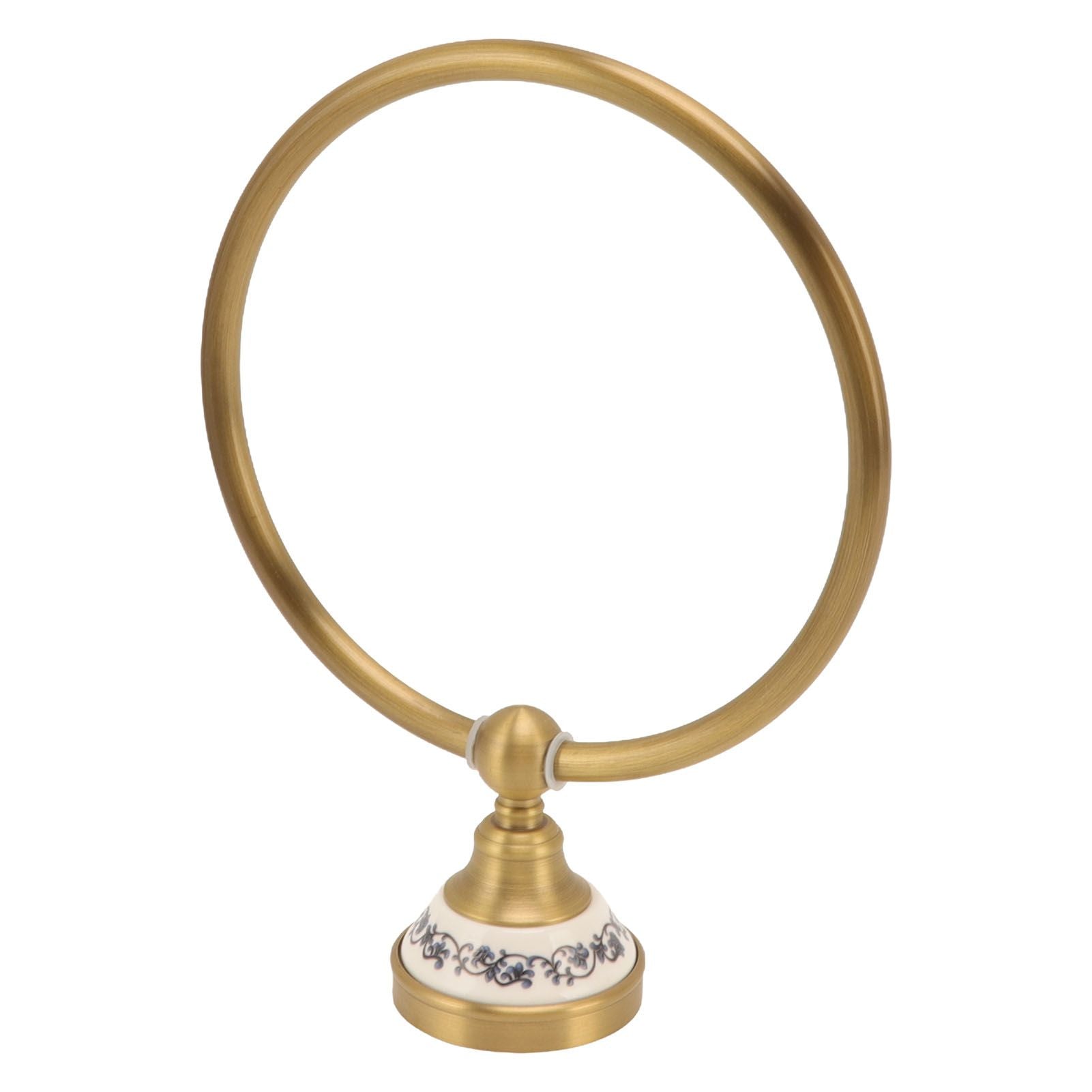 Towel Ring Antique Brass Finish Wall Mounted Bathroom Hand Towel Holder with Blue and White Porcelain Decal