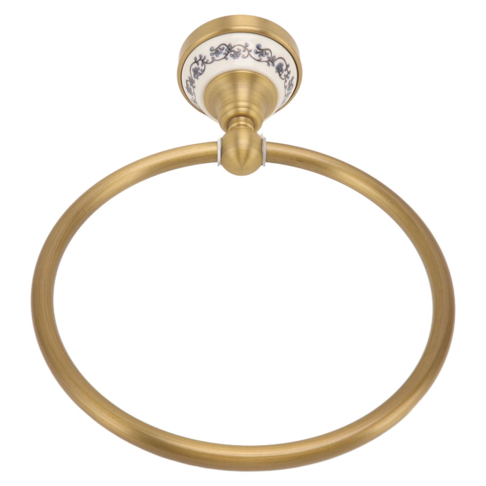 Towel Ring Antique Brass Finish Wall Mounted Bathroom Hand Towel Holder with Blue and White Porcelain Decal
