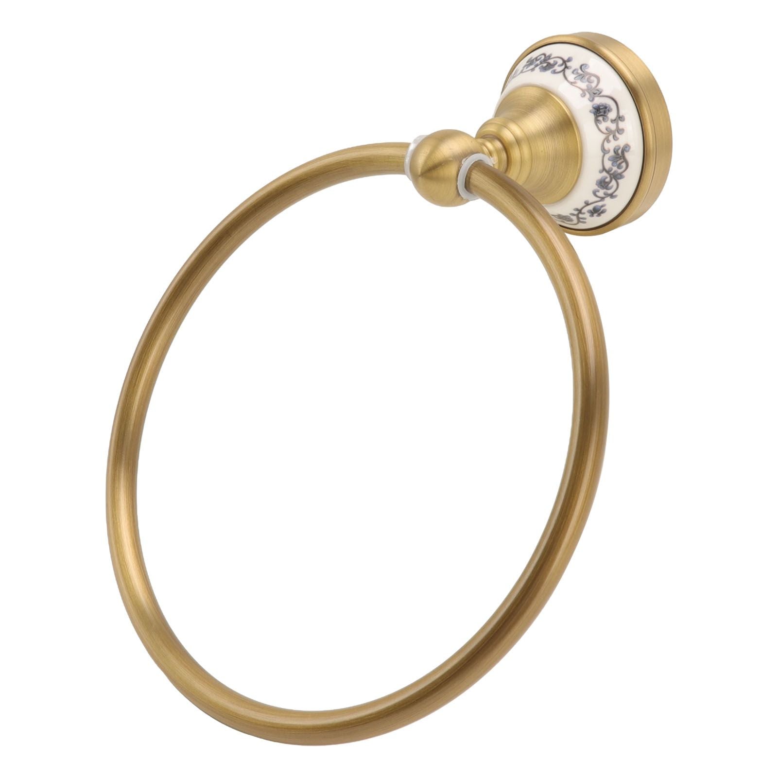 Towel Ring Antique Brass Finish Wall Mounted Bathroom Hand Towel Holder with Blue and White Porcelain Decal