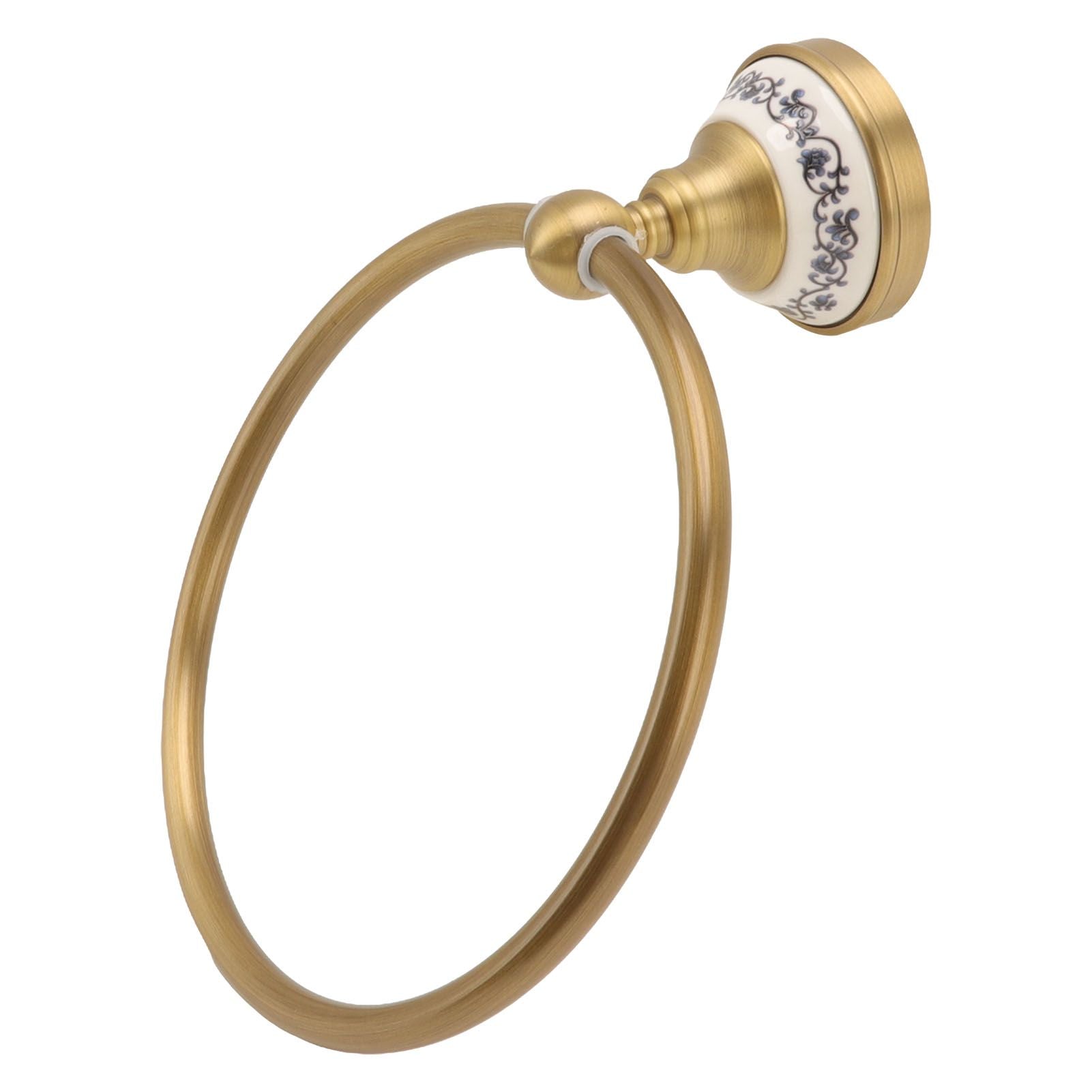 Towel Ring Antique Brass Finish Wall Mounted Bathroom Hand Towel Holder with Blue and White Porcelain Decal