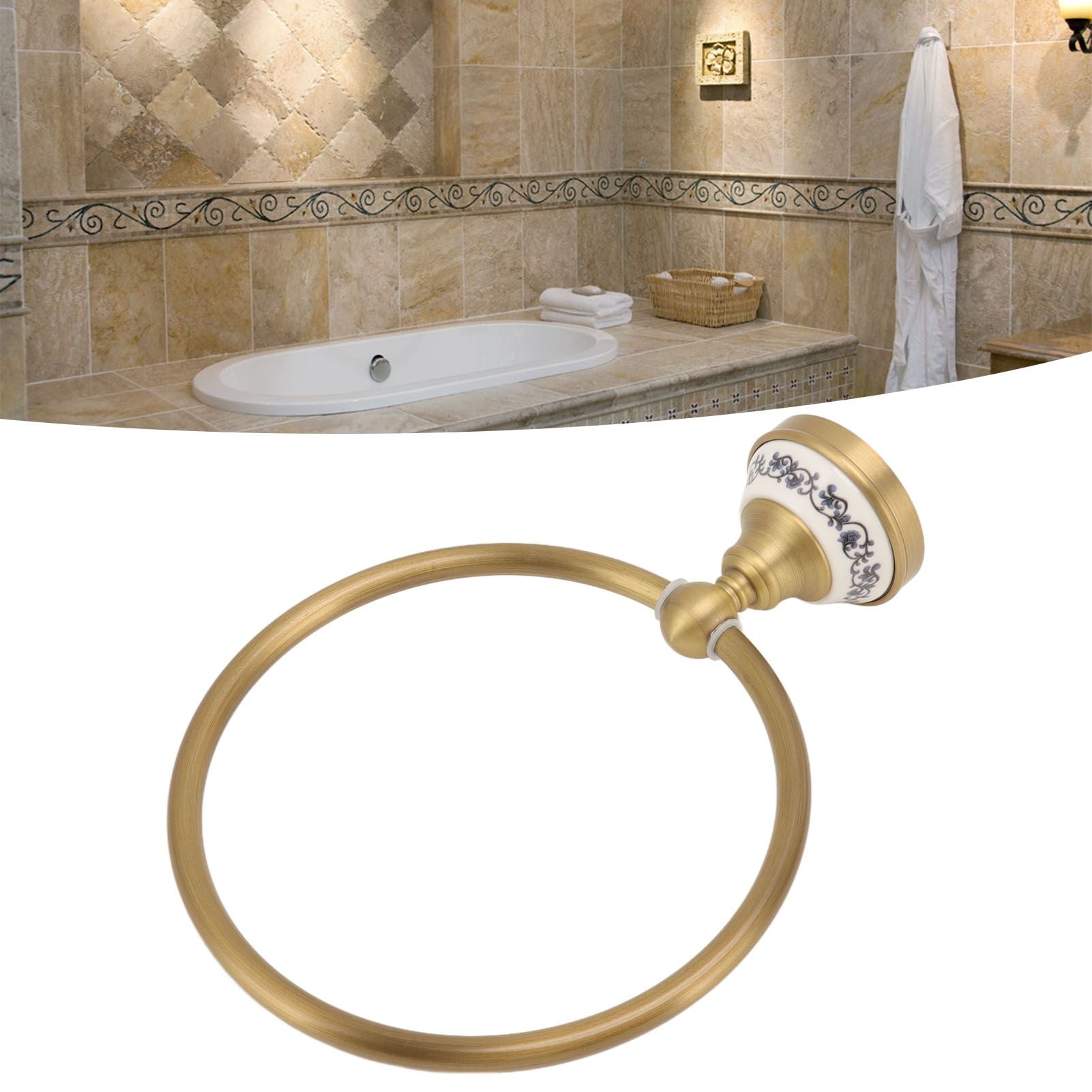 Towel Ring Antique Brass Finish Wall Mounted Bathroom Hand Towel Holder with Blue and White Porcelain Decal