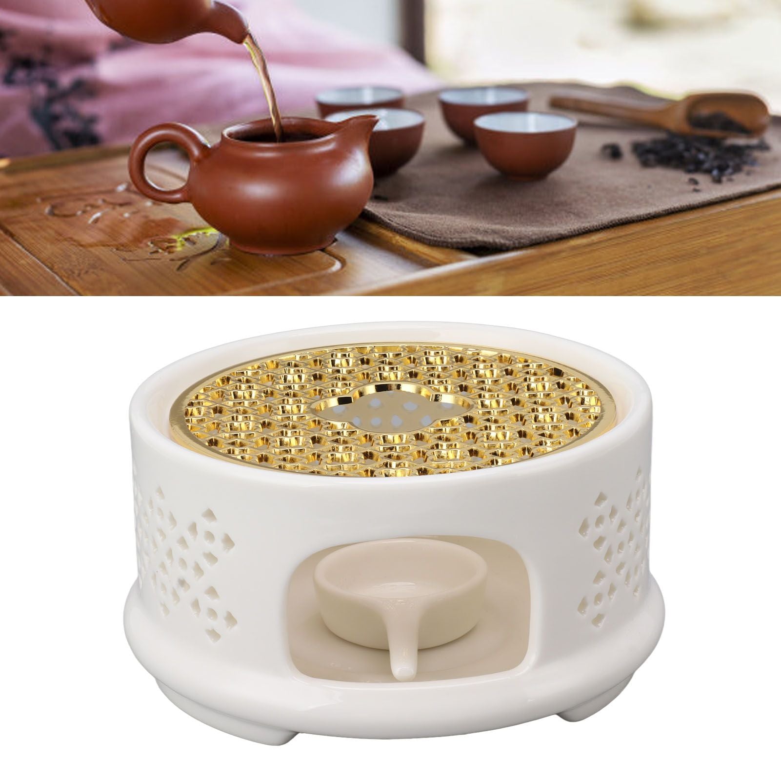 Teapot Warmer Tea Coffee Warmer Base Ceramic Heater with Spoon Lid and Candle Holder White