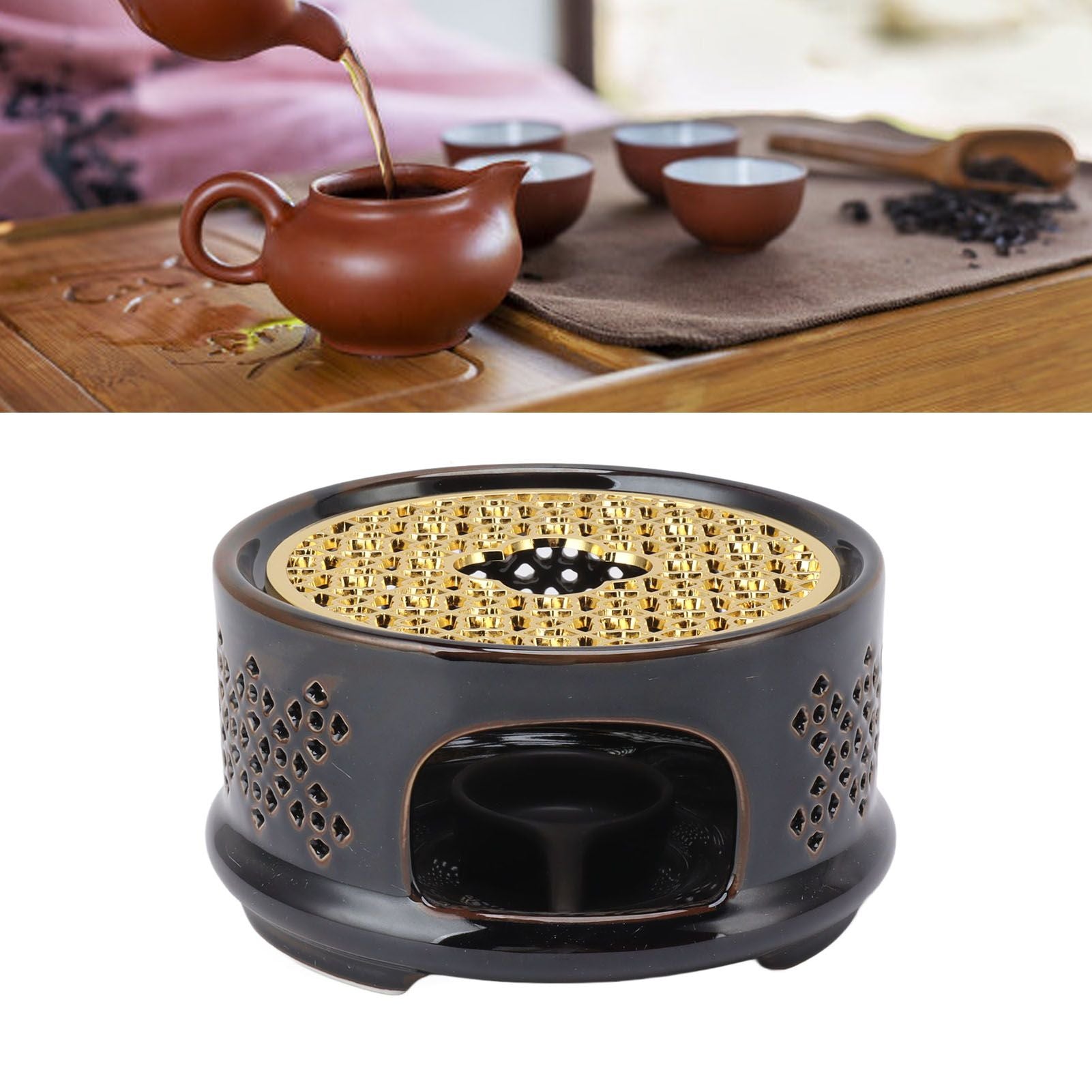 Teapot Warmer Tea Coffee Warmer Base Ceramic Heater with Spoon Lid and Candle Holder Brown