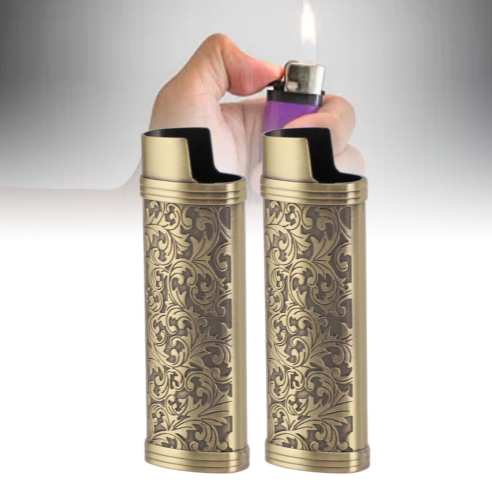 2PCS Lighter Case Cover Vintage Style Floral Stamped Zinc Alloy Shell for Lighter Protection Bronze