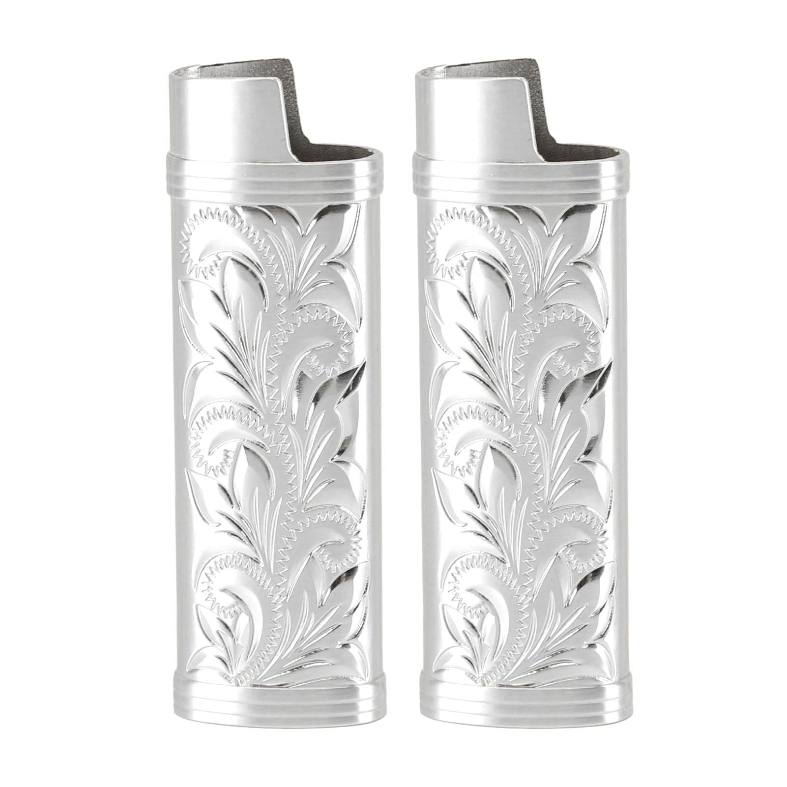 2Pcs Lighter Case Zinc Alloy Lighter Storage Container Floral Pattern for Outdoor Camping Hiking Silver