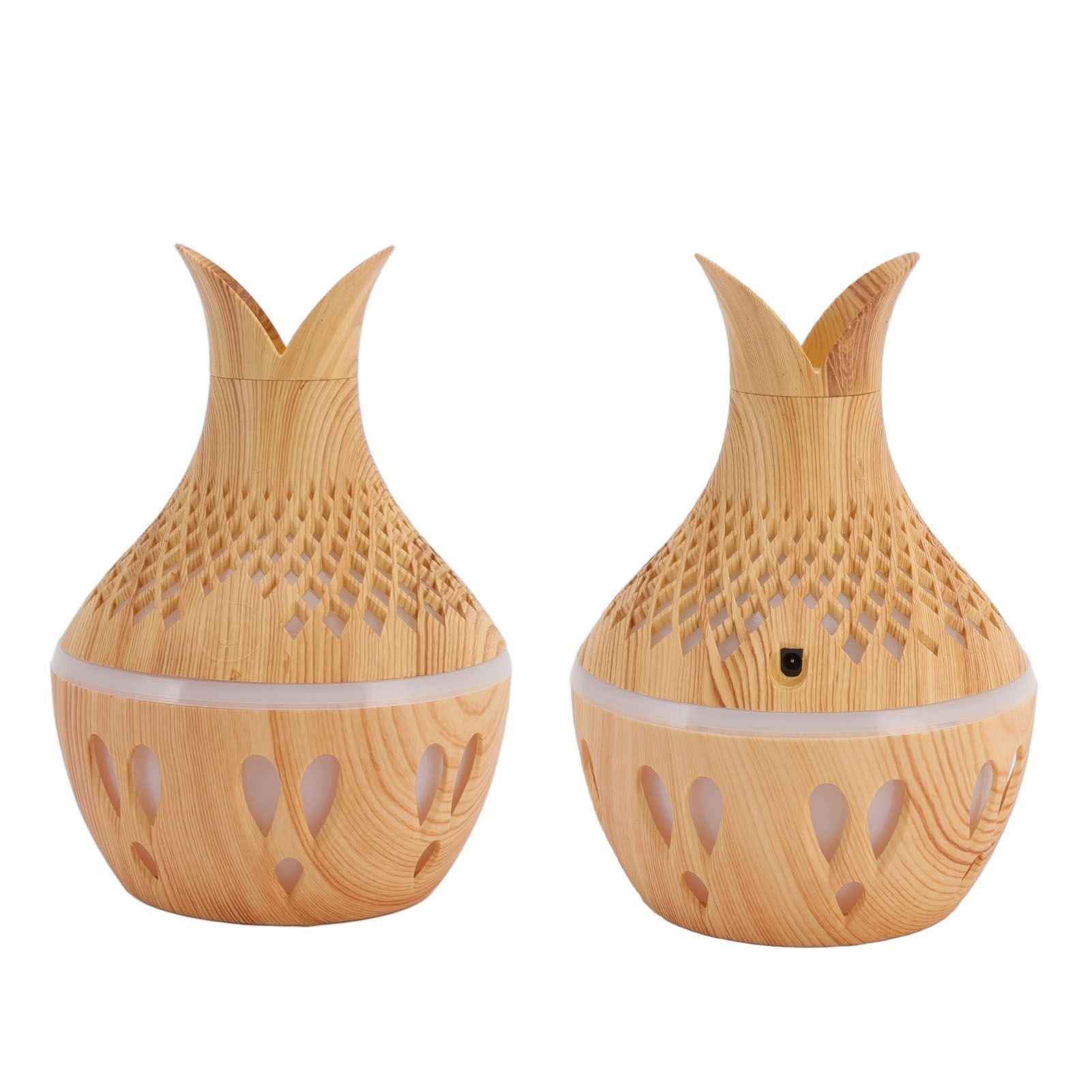300ml Wood Grain Humidifier USB Powered Aroma Diffuser Humidifier with Ambient Night Light 2 Petal Hollow Shape