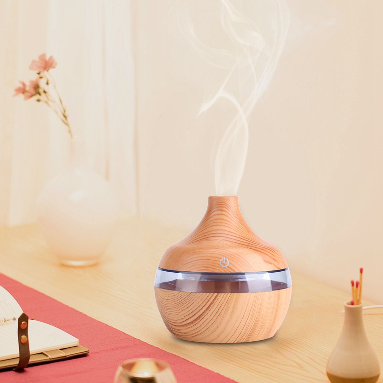 USB LED Touch Wood Grain Air Humidifier Purifier Oil Diffuser 300ml