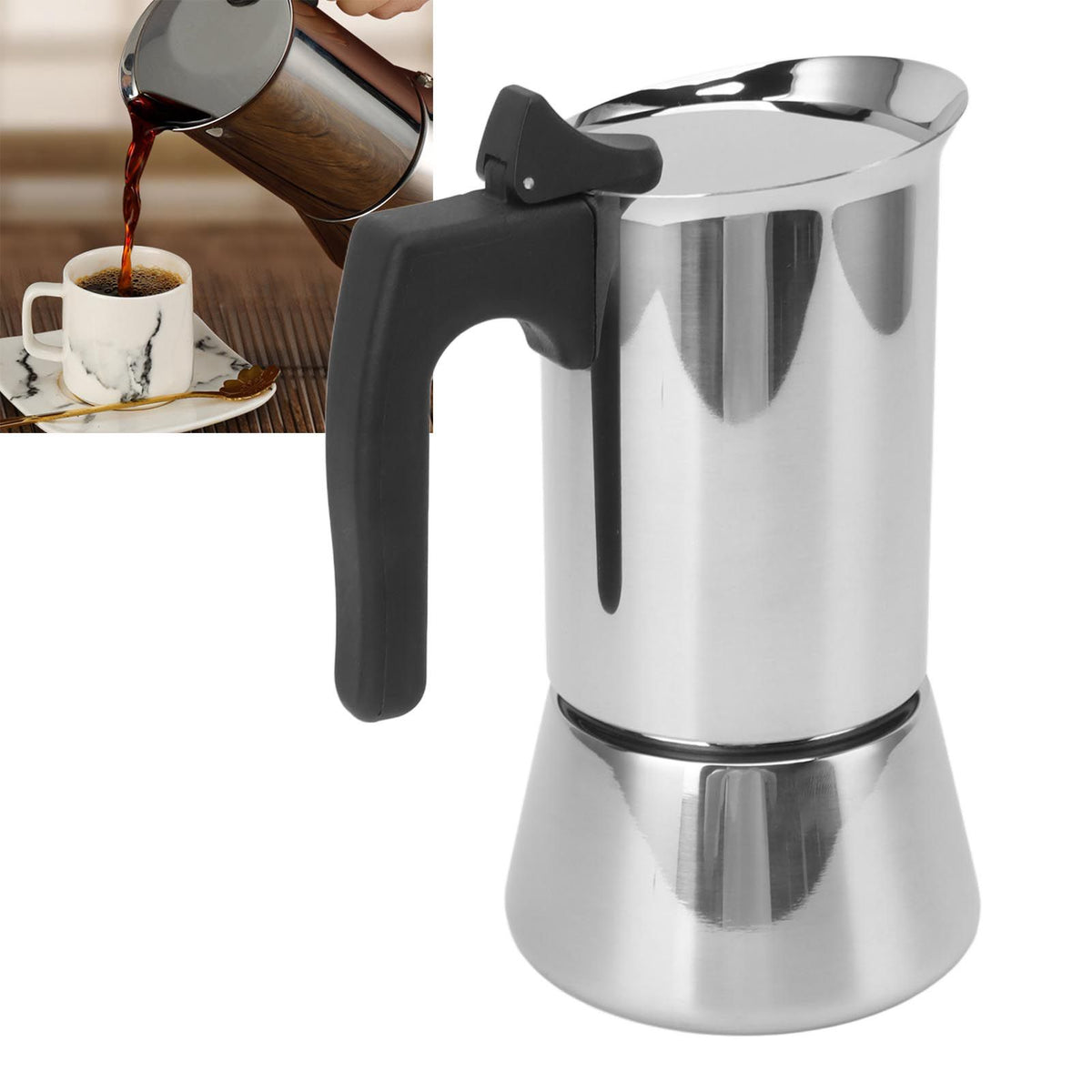 300ml Moka Pot Food Grade Stainless Steel Safe Stove Top Coffee Maker with Insulated Handle for Travel Outdoor