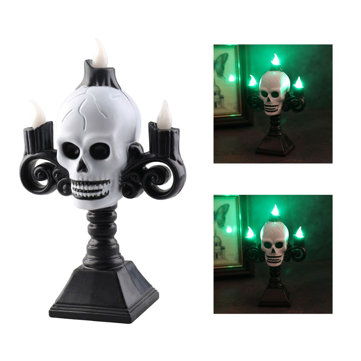 Skull Head LED Candle Light Lightweight Retro Spooky Green Light Plastic Skull Flameless Candle Lights for Party