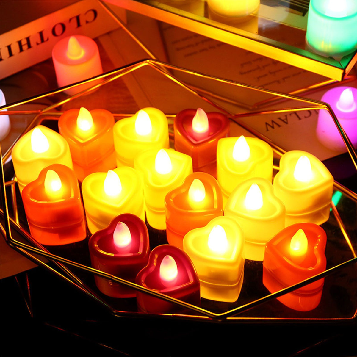 24PCS Love Heart Shape Candles Plastic LED Flameless Odorless Remote Control Tea Lights for Home Decor White