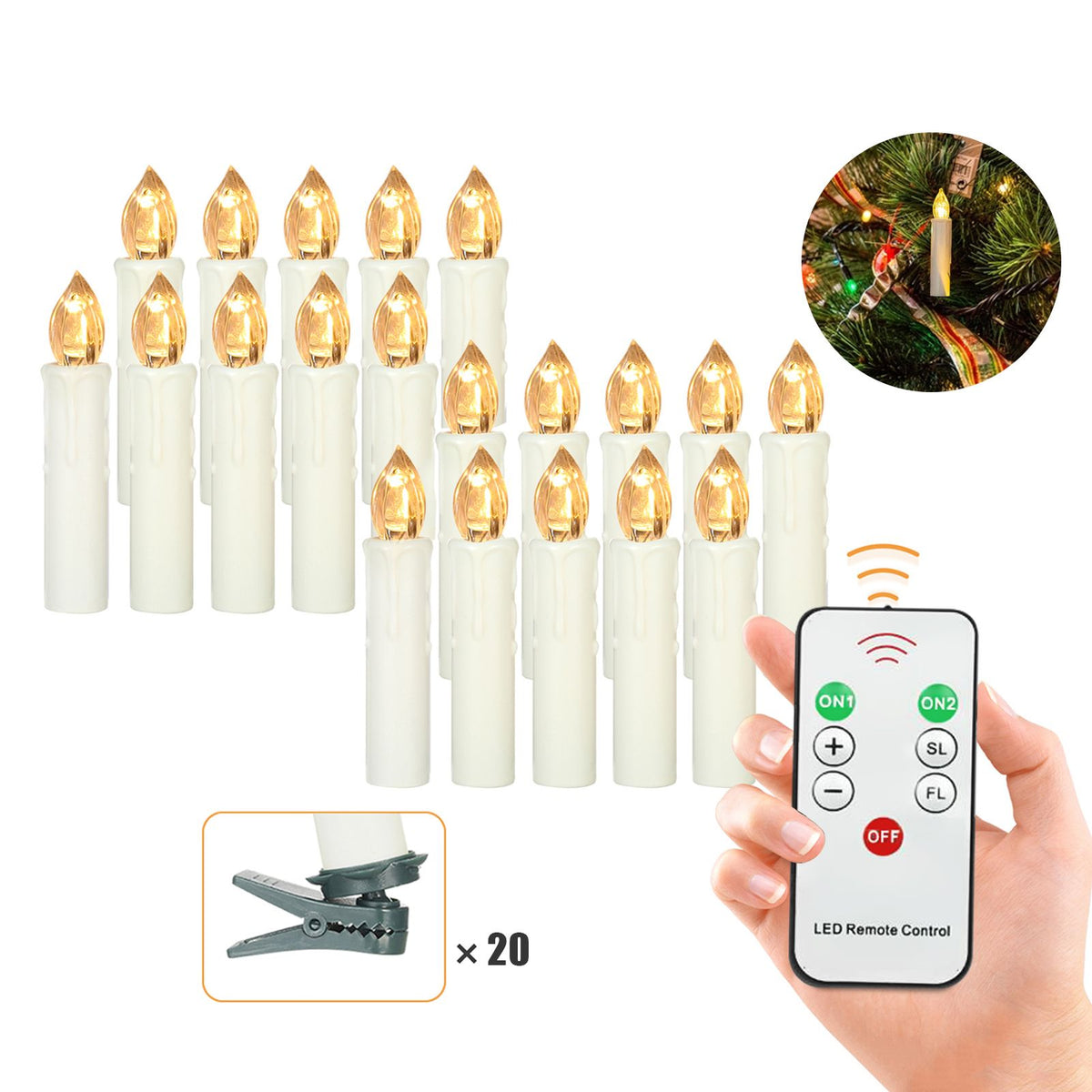 20 PCS Flameless Candles with Remote Control Realistic Warm White LED Candles Battery Powered Christmas Tree Flickering Taper Candle Lights with Clips for Wedding Party Decoration