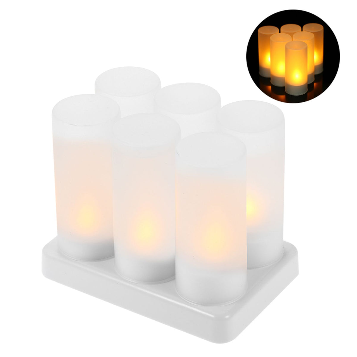 6 PCS Rechargeable Flameless Candles Realistic Flickering Yellow LED Cordless Tealight Candles with Frosted Cups Charging Base Electric Candle Lights for Christmas Festivals Wedding Party Decoration