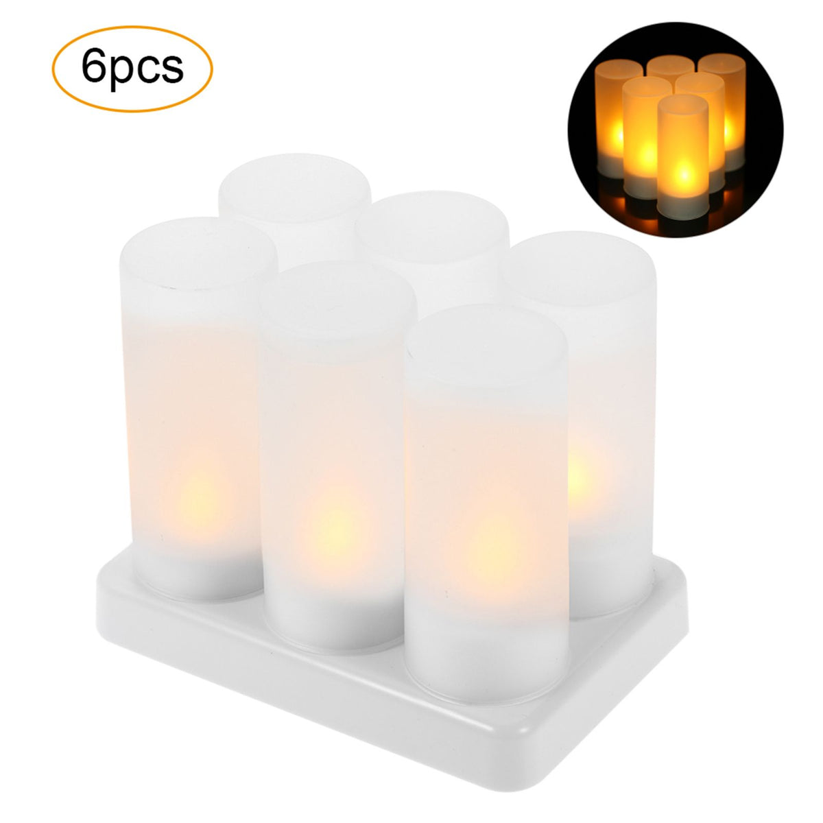 6 PCS Rechargeable Flameless Candles Realistic Flickering Yellow LED Cordless Tealight Candles with Frosted Cups Charging Base Electric Candle Lights for Christmas Festivals Wedding Party Decoration