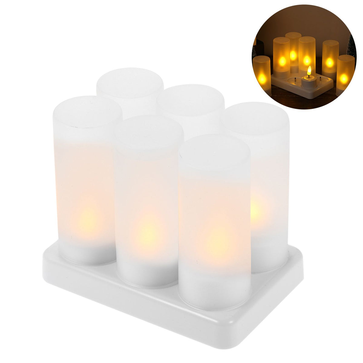 6 PCS Rechargeable Flameless Candles Realistic Flickering Yellow LED Cordless Tealight Candles with Frosted Cups Charging Base Electric Candle Lights for Christmas Festivals Wedding Party Decoration