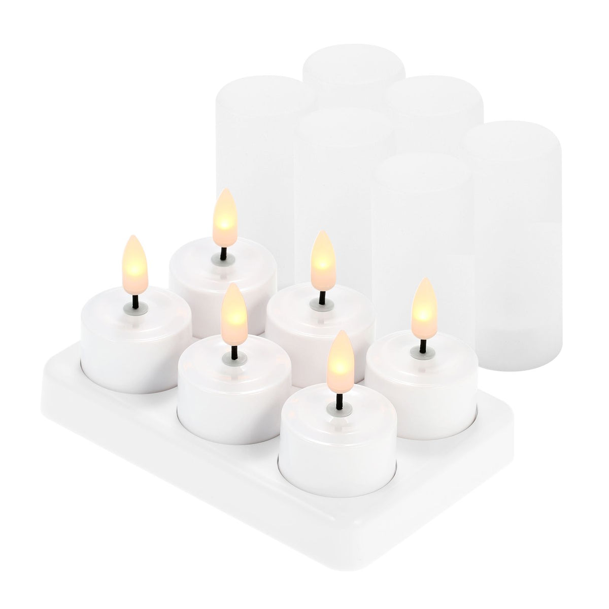 6 PCS Rechargeable Flameless Candles Realistic Flickering Yellow LED Cordless Tealight Candles with Frosted Cups Charging Base Electric Candle Lights for Christmas Festivals Wedding Party Decoration