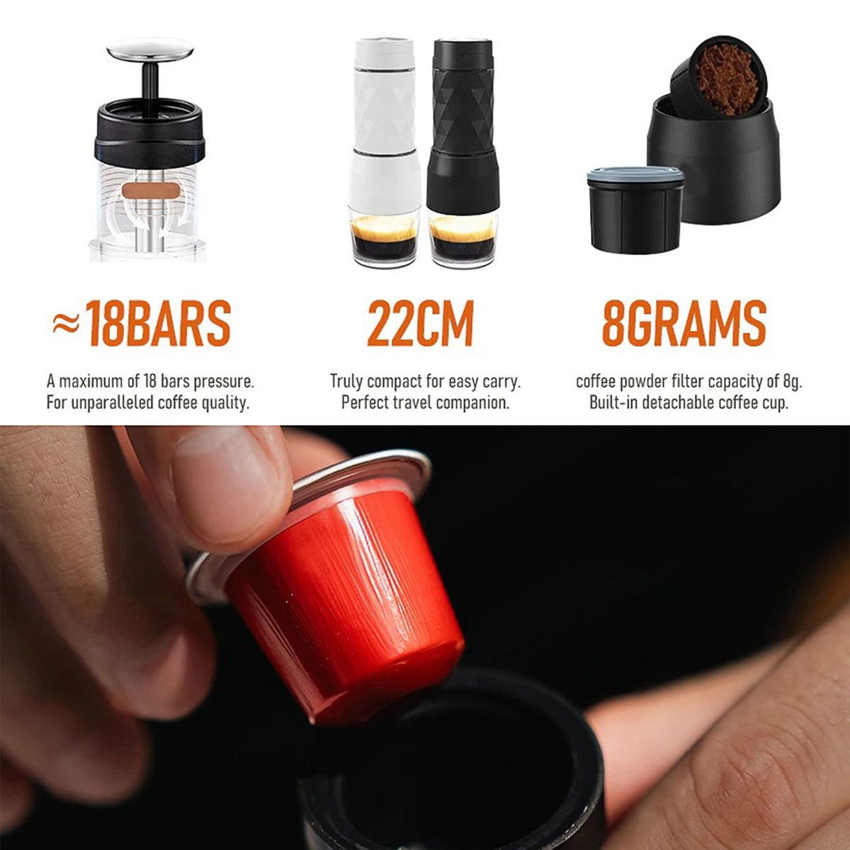 CAFELFFE 3-in-1 Portable Manual Espresso Coffee Machine 18Bar Cold and Hot Brew Mini Coffee Maker with Milk Foam Press Lever 120ml Cup Work with DG/NES Capsule and Ground Coffee
