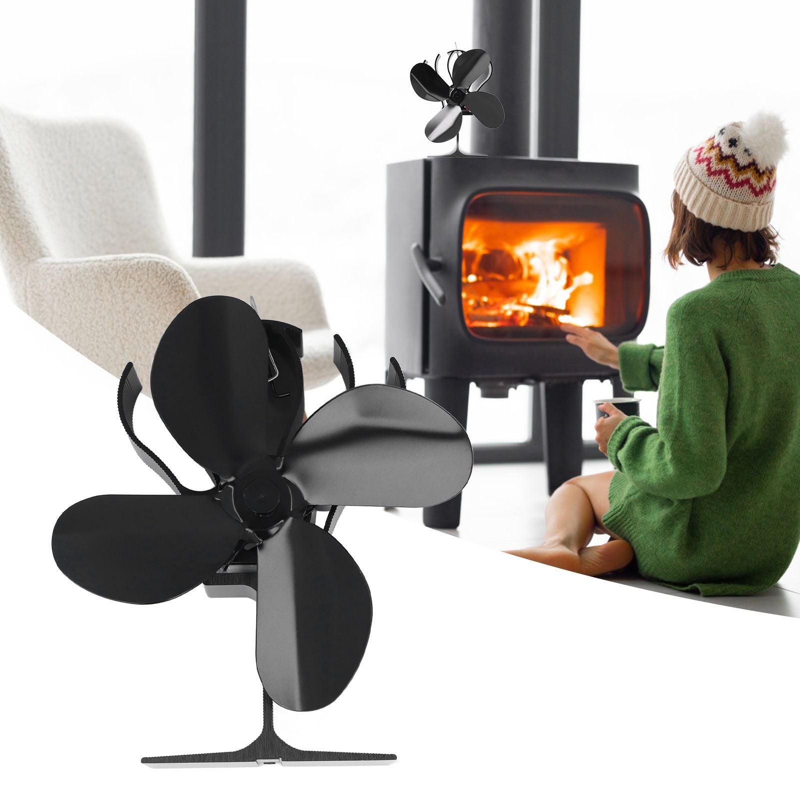 4 Blade Fireplace Fan Aluminium Alloy Heat Powered High Temperature Resistant Stove Fan for Home