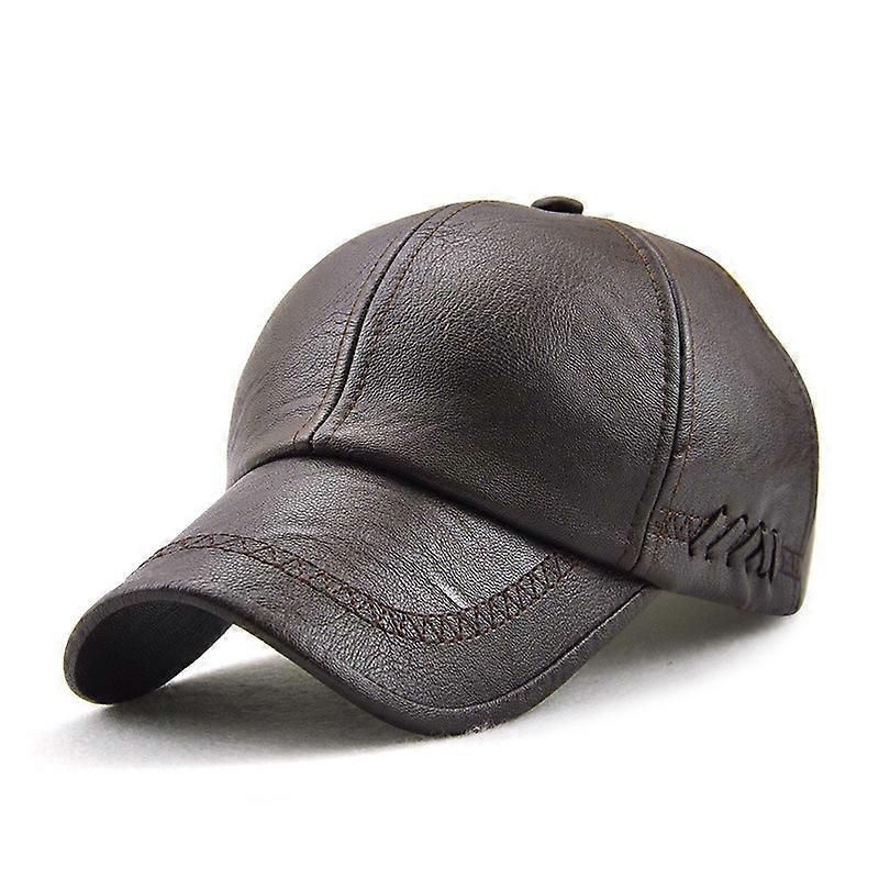 Men's PU Leather Baseball Cap, Adjustable Sports Hat, Deep Coffee