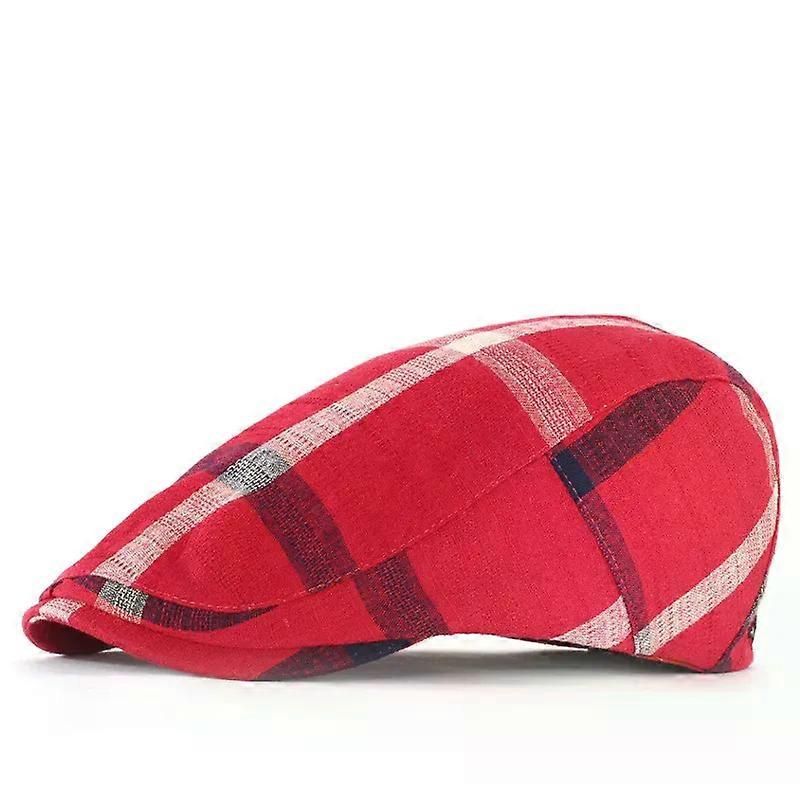 Classic Plaid Beret, Cotton Casual Flat Painter Cap for Men Women - Red