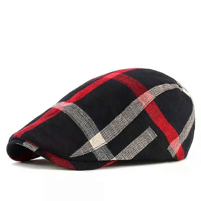 Classic Plaid Beret, Cotton Casual Flat Painter Cap for Men Women - Red
