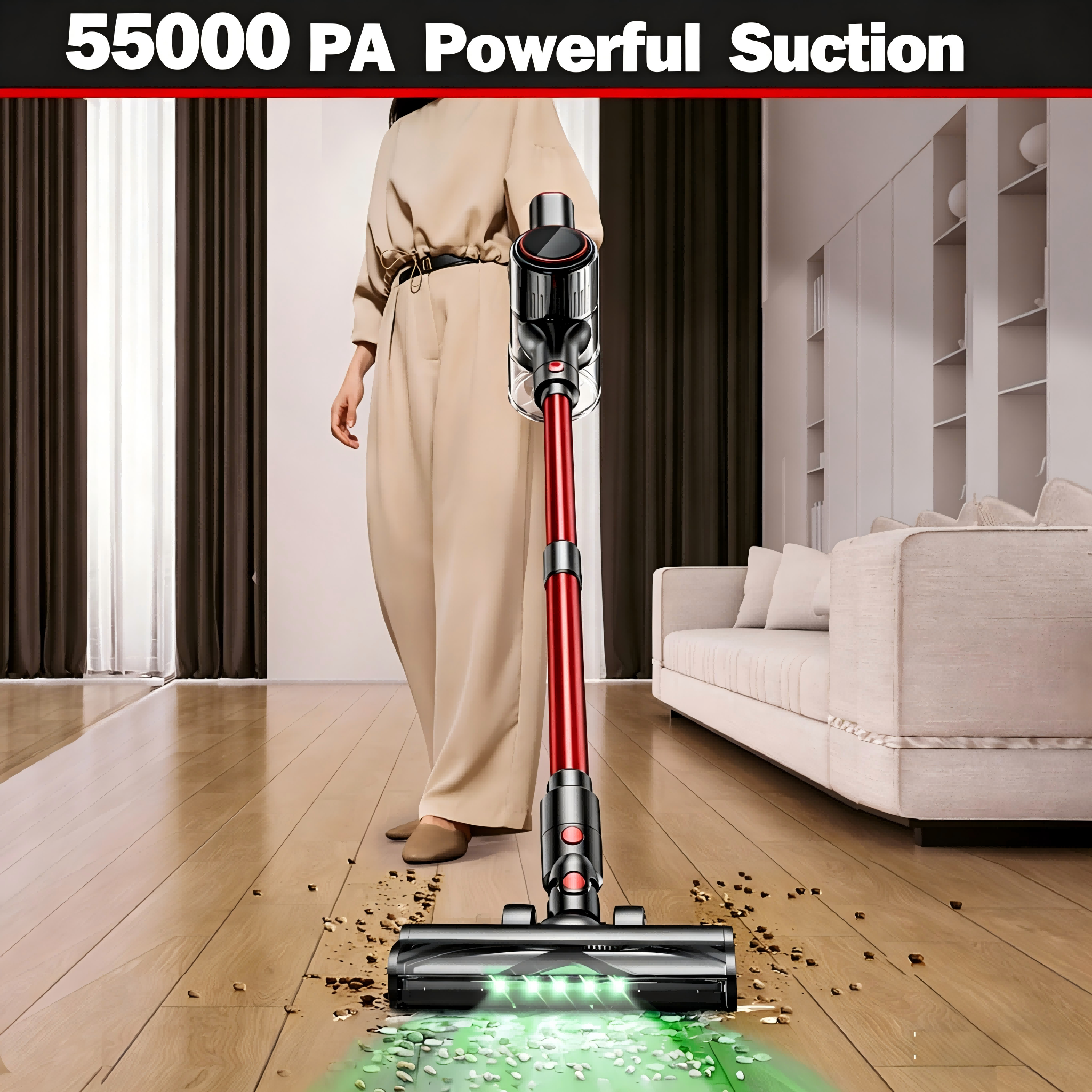 Cordless Vacuum Cleaner 8 in 1 55Kpa Powerful Suction Lightweight,LED Display,45Mins Detachable Battery Vacuum for Floor/Carpet