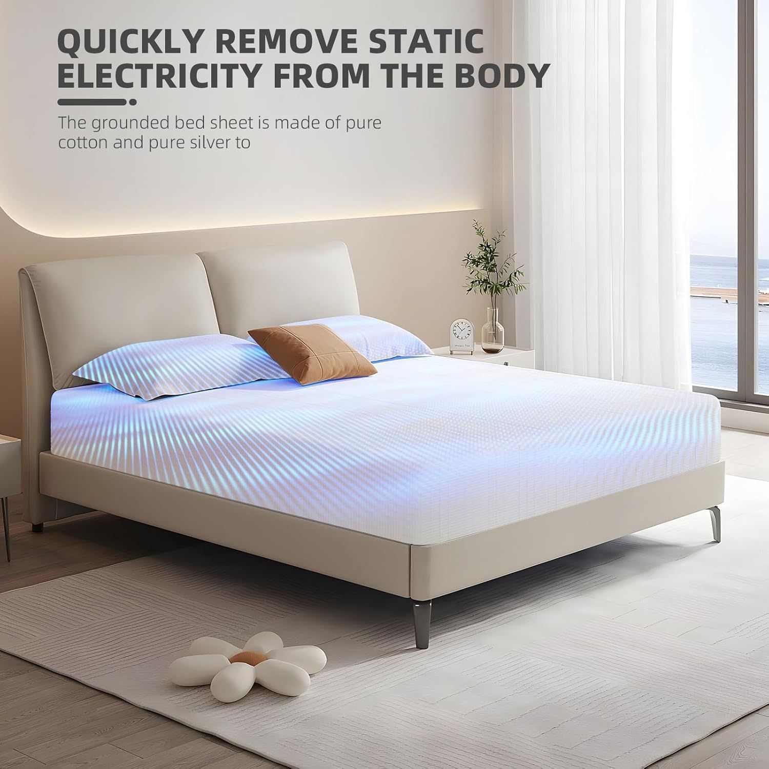 Grounding Fitted Sheet Bed Earthing Fitted Sheet AU Plug Grounding Connection Cord Conductive Mat (Gray, Double 137x190cm+33cm)