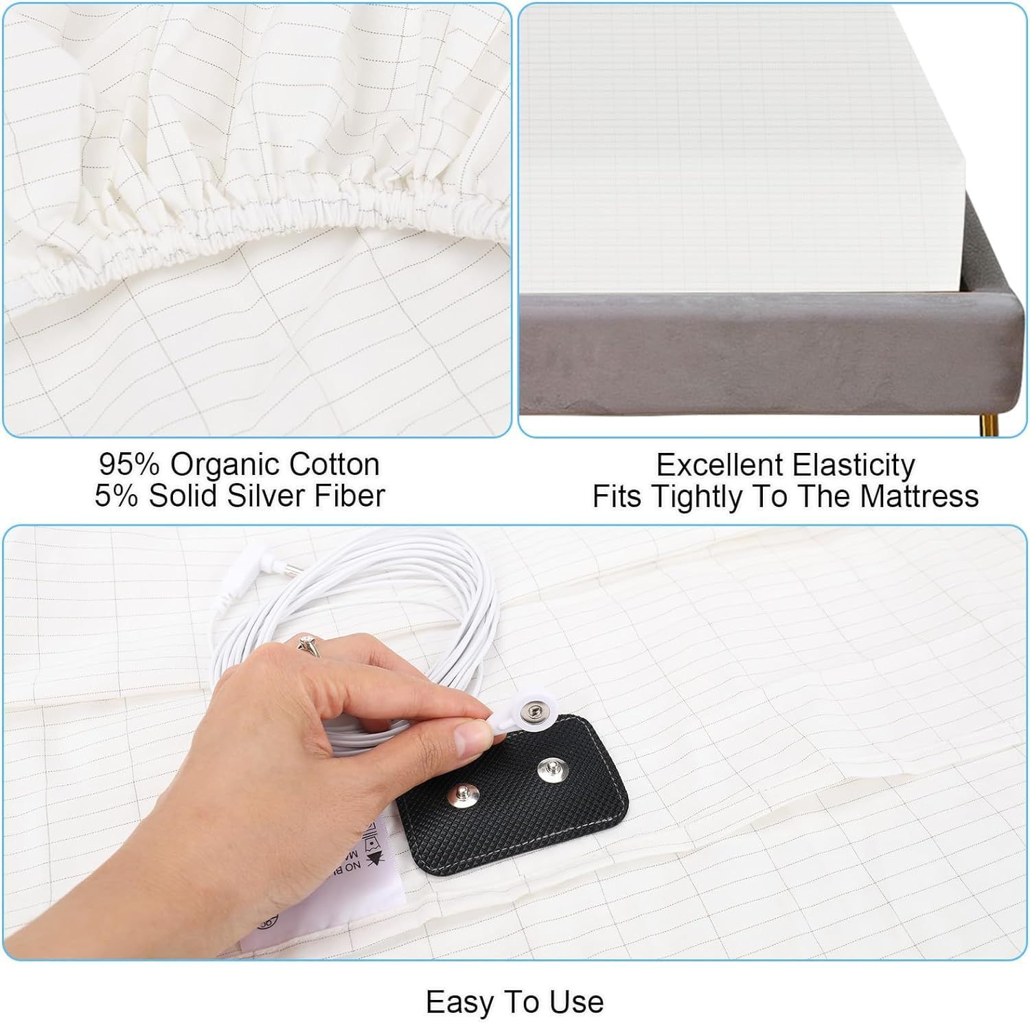 Grounding Fitted Sheet Bed Earthing Fitted Sheet AU Plug Grounding Connection Cord Conductive Mat (Gray, Double 137x190cm+33cm)