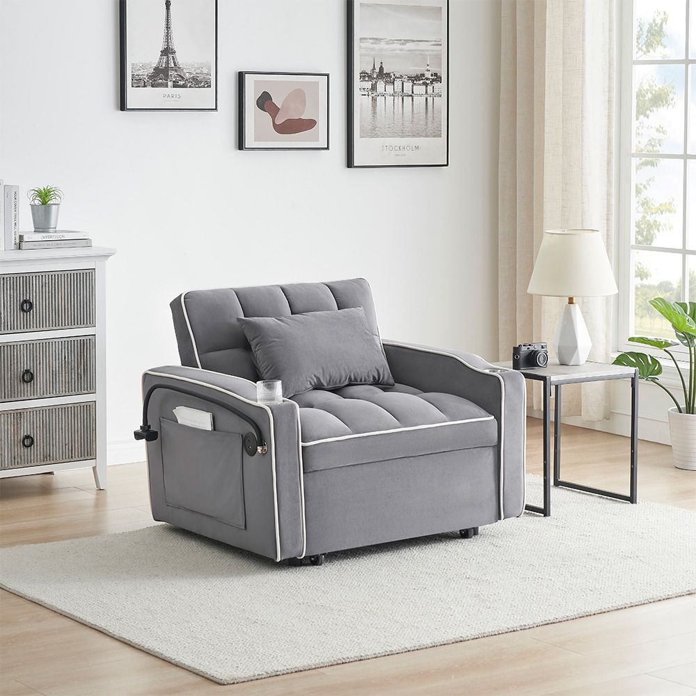 Single-seater sofa bed, equipped with USB ports and a phone holder - Black