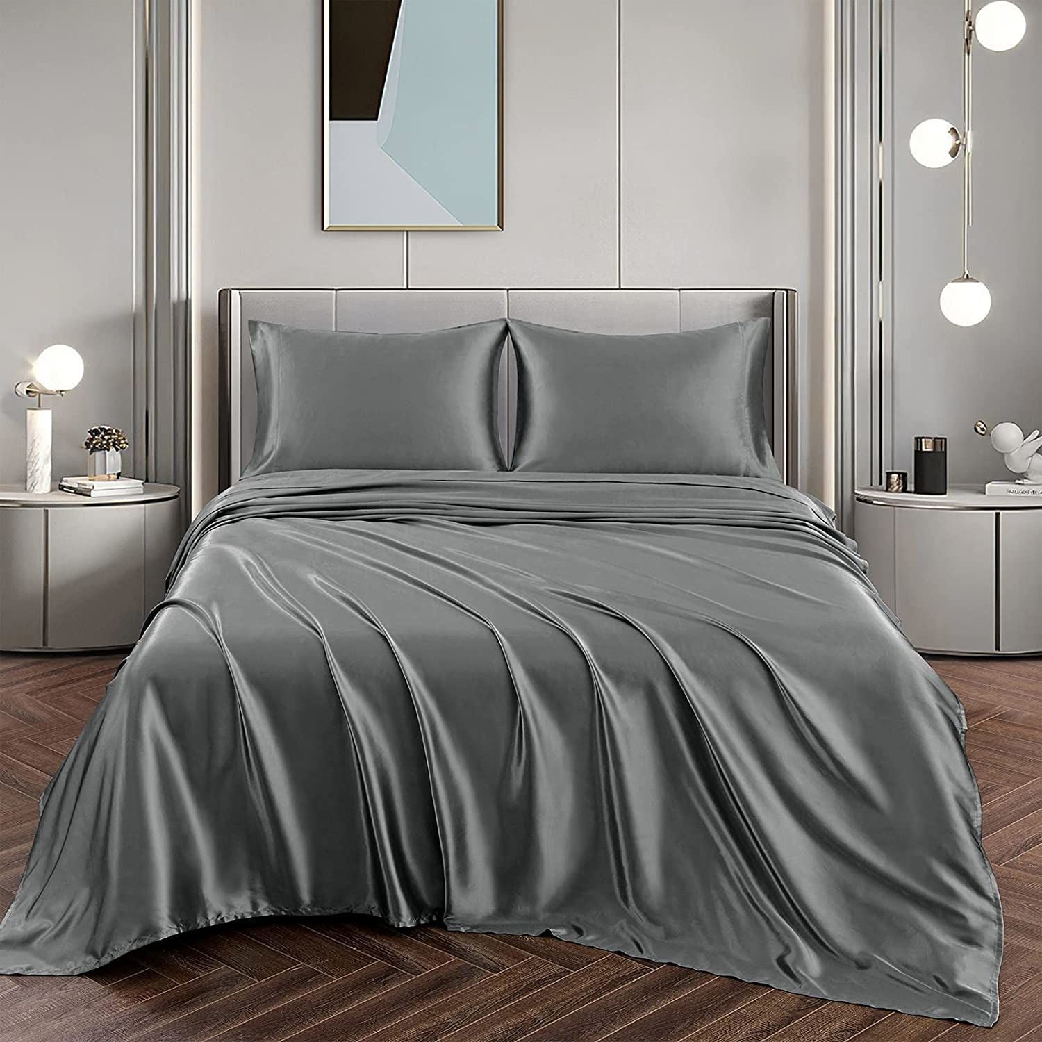 Art Silk Satin Sheet Set Hotel 3 Pieces Fitted/Flat Sheet Bedding Set-Luxury Soft Silky Sheets for Hair and Skin, Similar to Silk Bed Sheets Set 3 Pieces(King Single,Grey)