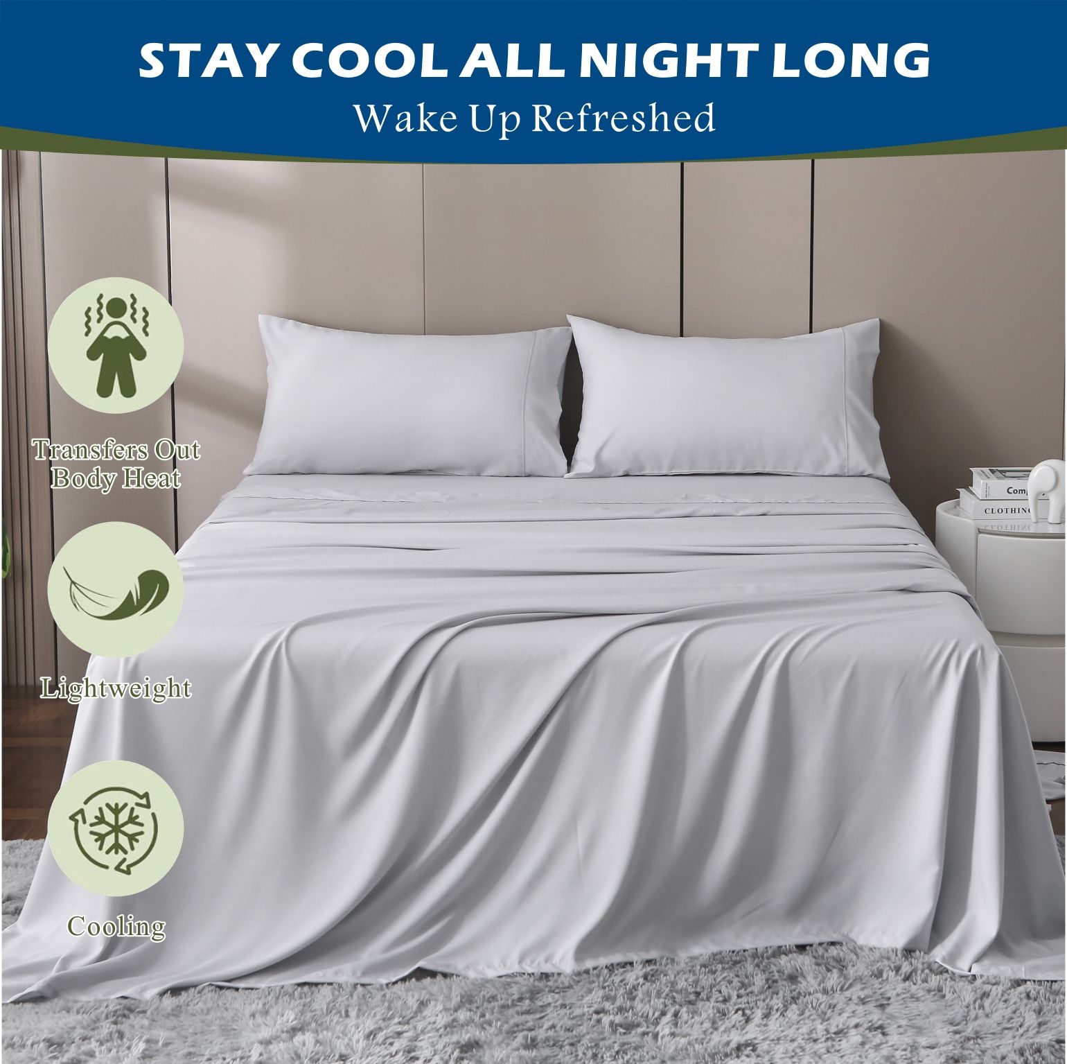 4 Piece Hotel Bamboo Cooling Sheet Set -Ultra Soft 2000TC Breathable Bed Sheets Set with 37 Centimetre Deep Pocket-Cooling Sheets for Hot Sleepers(Silver-gray,Double)