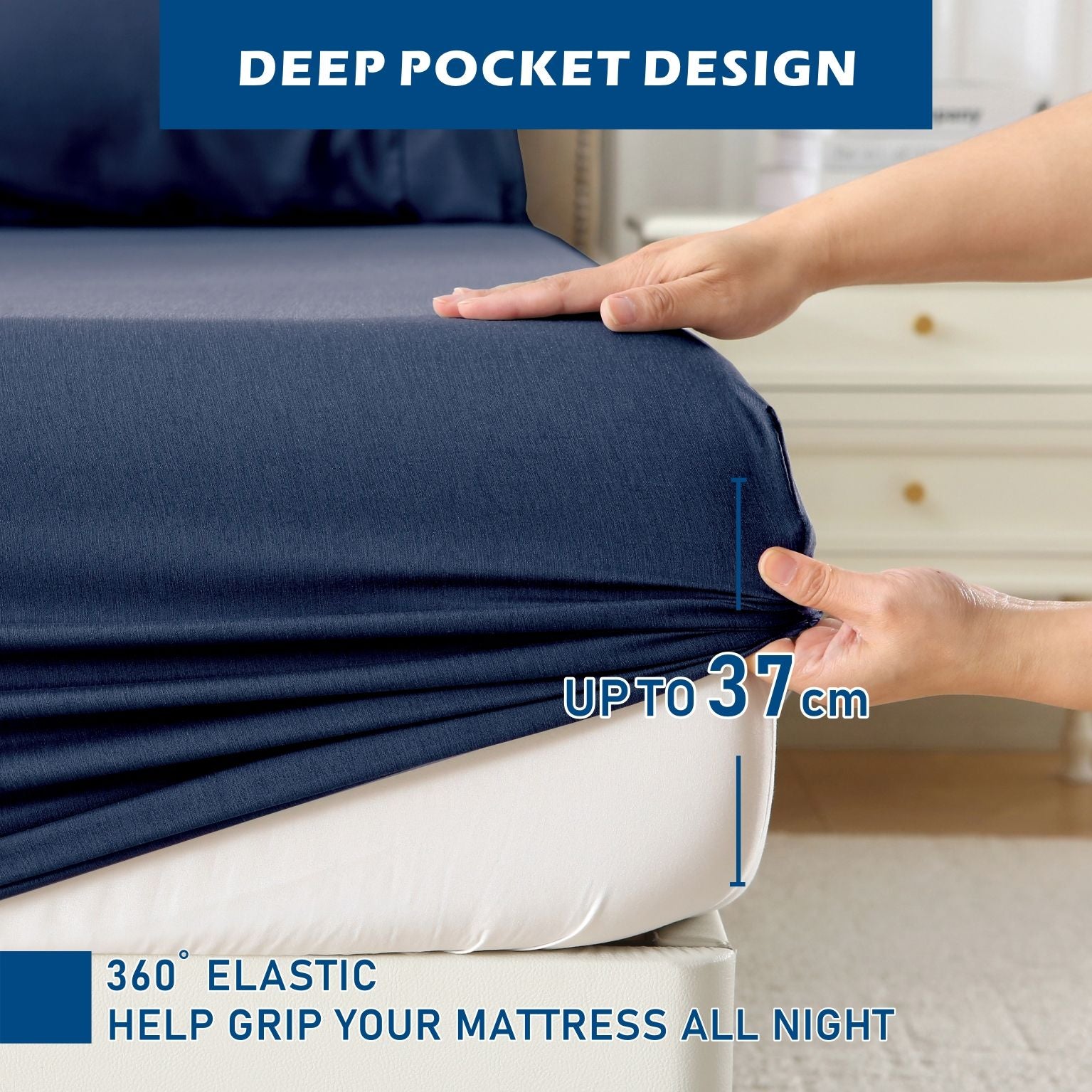 4 Piece Hotel Bamboo Cooling Sheet Set -Ultra Soft 2000TC Breathable Bed Sheets Set with 37 Centimetre Deep Pocket-Cooling Sheets for Hot Sleepers(Navy,Queen)