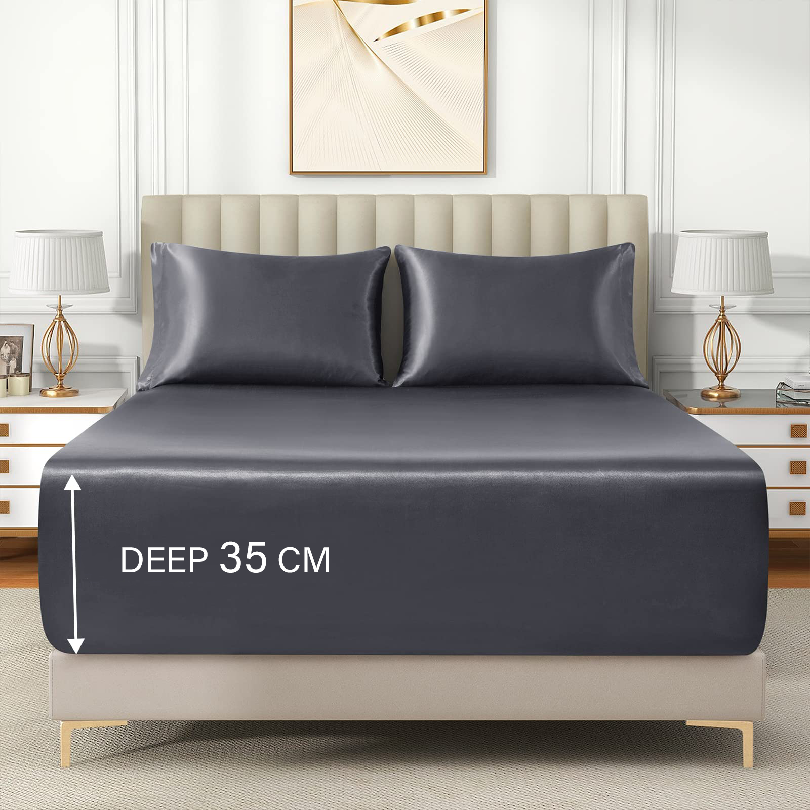 Satin Fitted Sheet Set Hotel 3 Pieces Fitted Sheet with Pillowcase, Art Silk Bedding Set-Luxury Soft Silky Sheets for Hair and Skin, Similar to Silk Fitted Sheets Set 3 Pieces(King,Grey)
