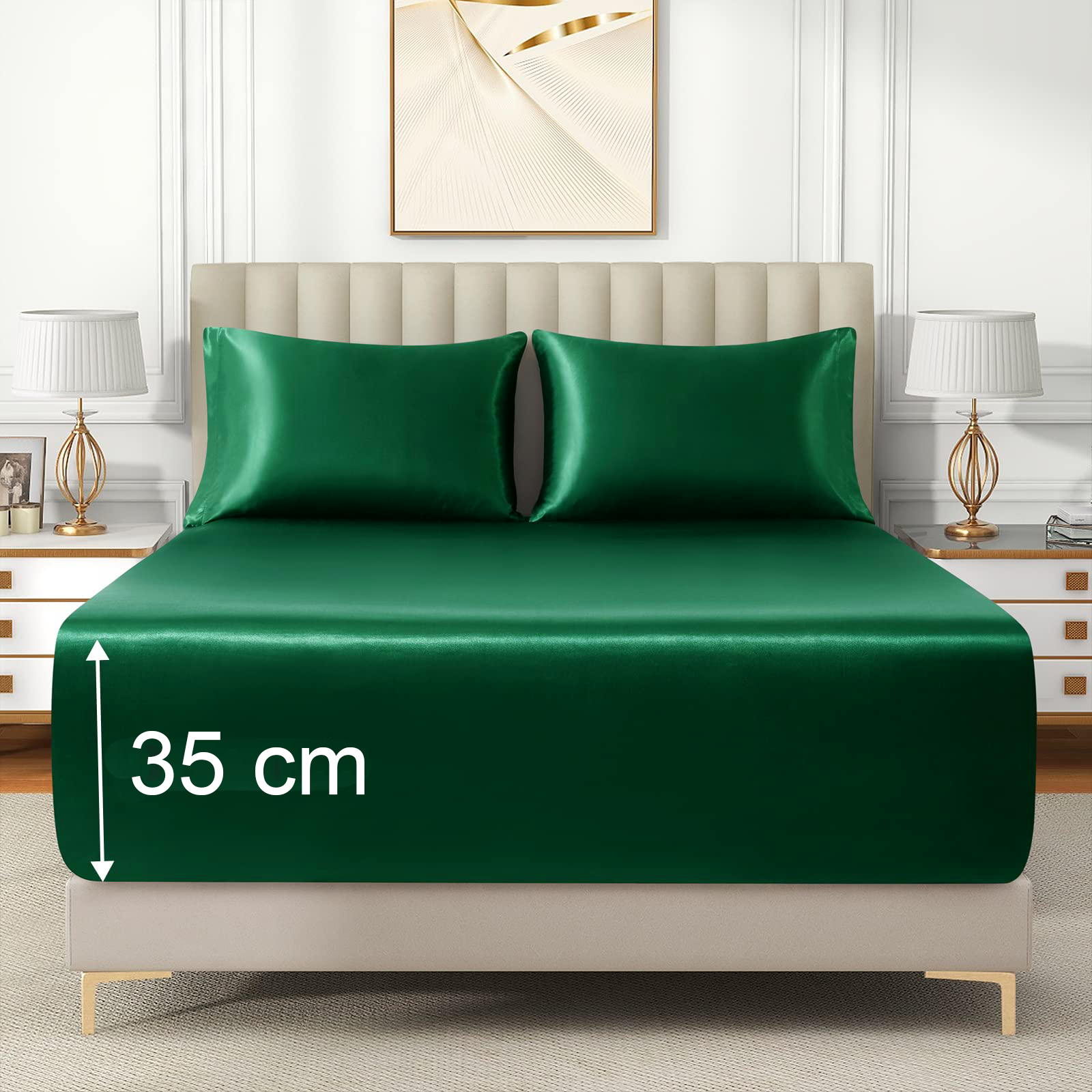 Satin Fitted Sheet Set Hotel 3 Pieces Fitted Sheet with Pillowcase, Art Silk Bedding Set-Luxury Soft Silky Sheets for Hair and Skin, Similar to Silk Fitted Sheets Set 3 Pieces(King,Green)