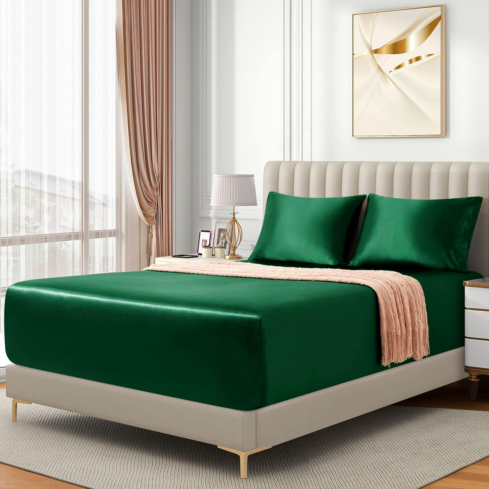 Satin Fitted Sheet Set Hotel 3 Pieces Fitted Sheet with Pillowcase, Art Silk Bedding Set-Luxury Soft Silky Sheets for Hair and Skin, Similar to Silk Fitted Sheets Set 3 Pieces(Queen,Green)