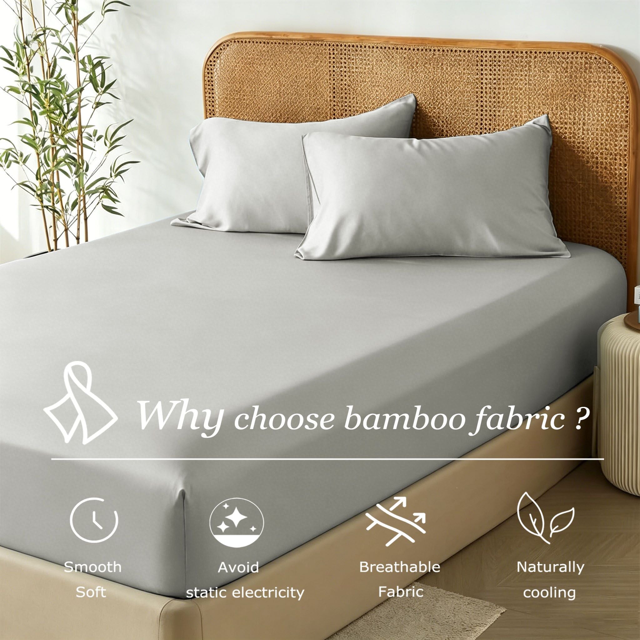 3 Piece Hotel Bamboo Cooling Fitted Sheet Set & Pillowcase -Ultra Soft 2000TC Breathable Fitted Bed Sheets Set with 37 Centimetre Deep Pocket-Cooling Sheets for Hot Sleepers(Silver-gray,Double)