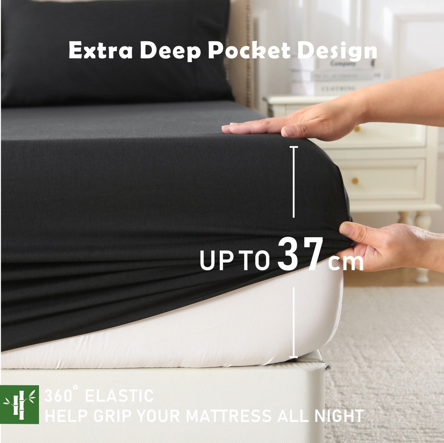 3 Piece Hotel Bamboo Cooling Fitted Sheet Set & Pillowcase -Ultra Soft 2000TC Breathable Fitted Bed Sheets Set with 37 Centimetre Deep Pocket-Cooling Sheets for Hot Sleepers(Black,King)