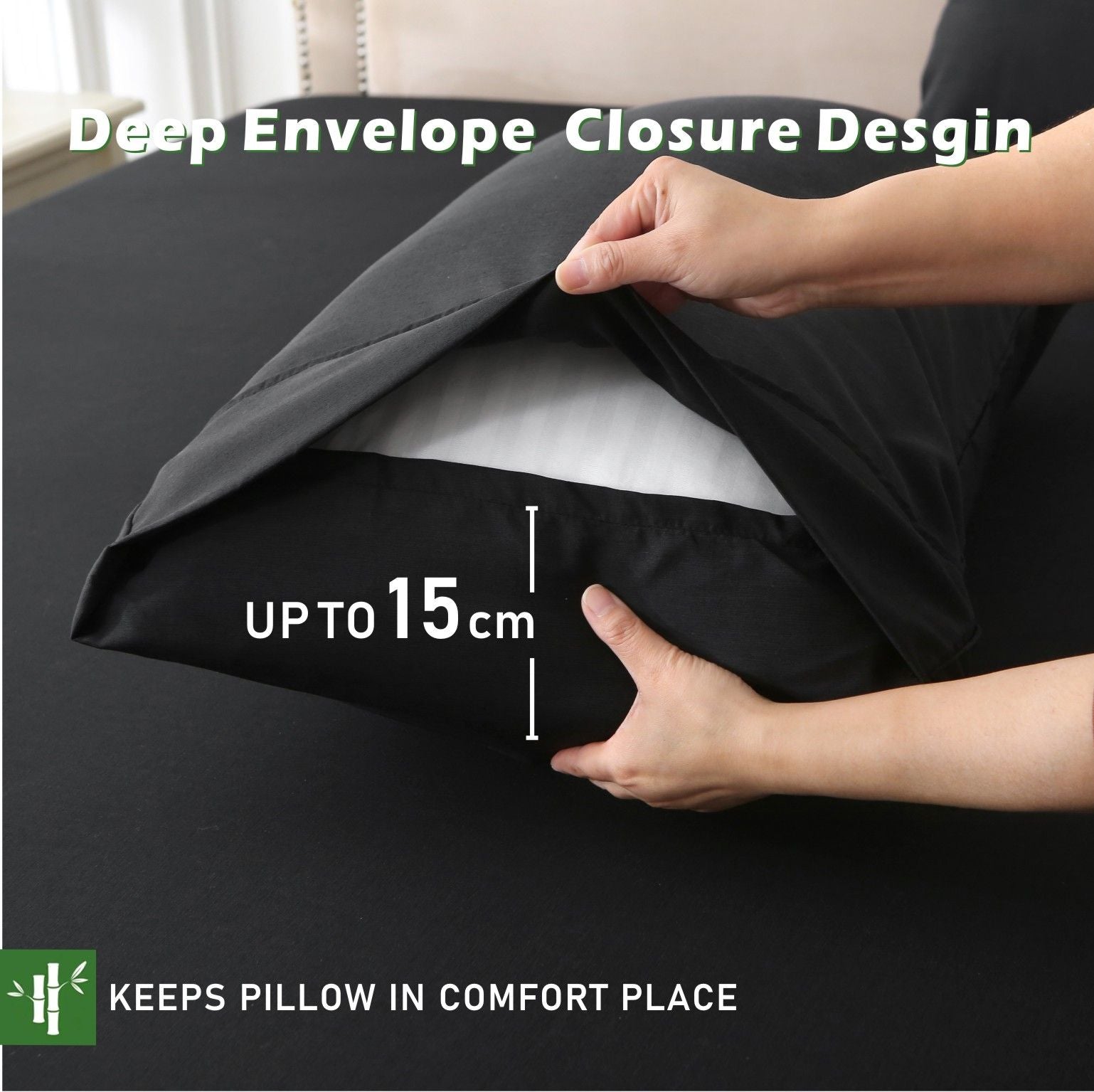 3 Piece Hotel Bamboo Cooling Fitted Sheet Set & Pillowcase -Ultra Soft 2000TC Breathable Fitted Bed Sheets Set with 37 Centimetre Deep Pocket-Cooling Sheets for Hot Sleepers(Black,Queen)