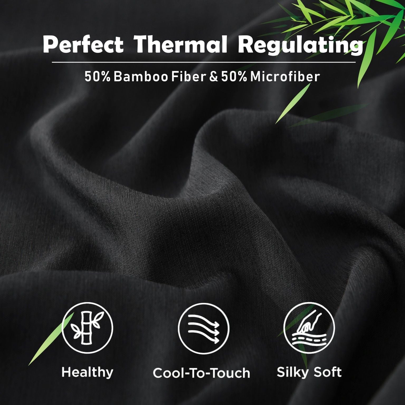3 Piece Hotel Bamboo Cooling Fitted Sheet Set & Pillowcase -Ultra Soft 2000TC Breathable Fitted Bed Sheets Set with 37 Centimetre Deep Pocket-Cooling Sheets for Hot Sleepers(Black,Queen)