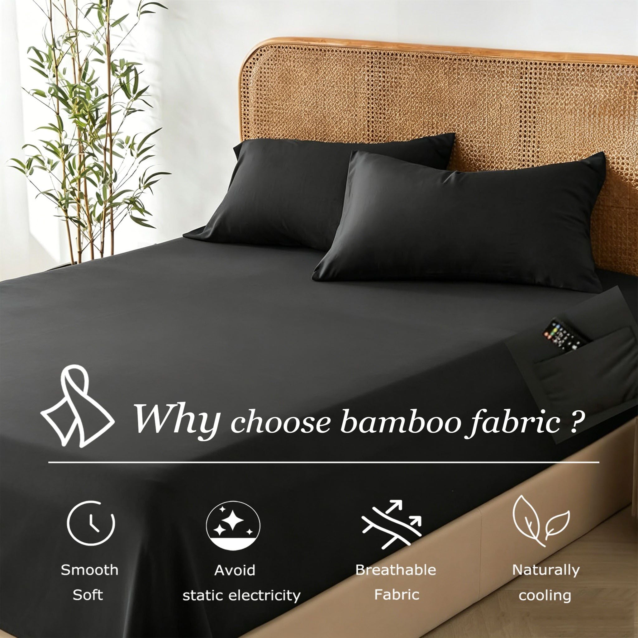 3 Piece Hotel Bamboo Cooling Fitted Sheet Set & Pillowcase -Ultra Soft 2000TC Breathable Fitted Bed Sheets Set with 37 Centimetre Deep Pocket-Cooling Sheets for Hot Sleepers(Black,Queen)
