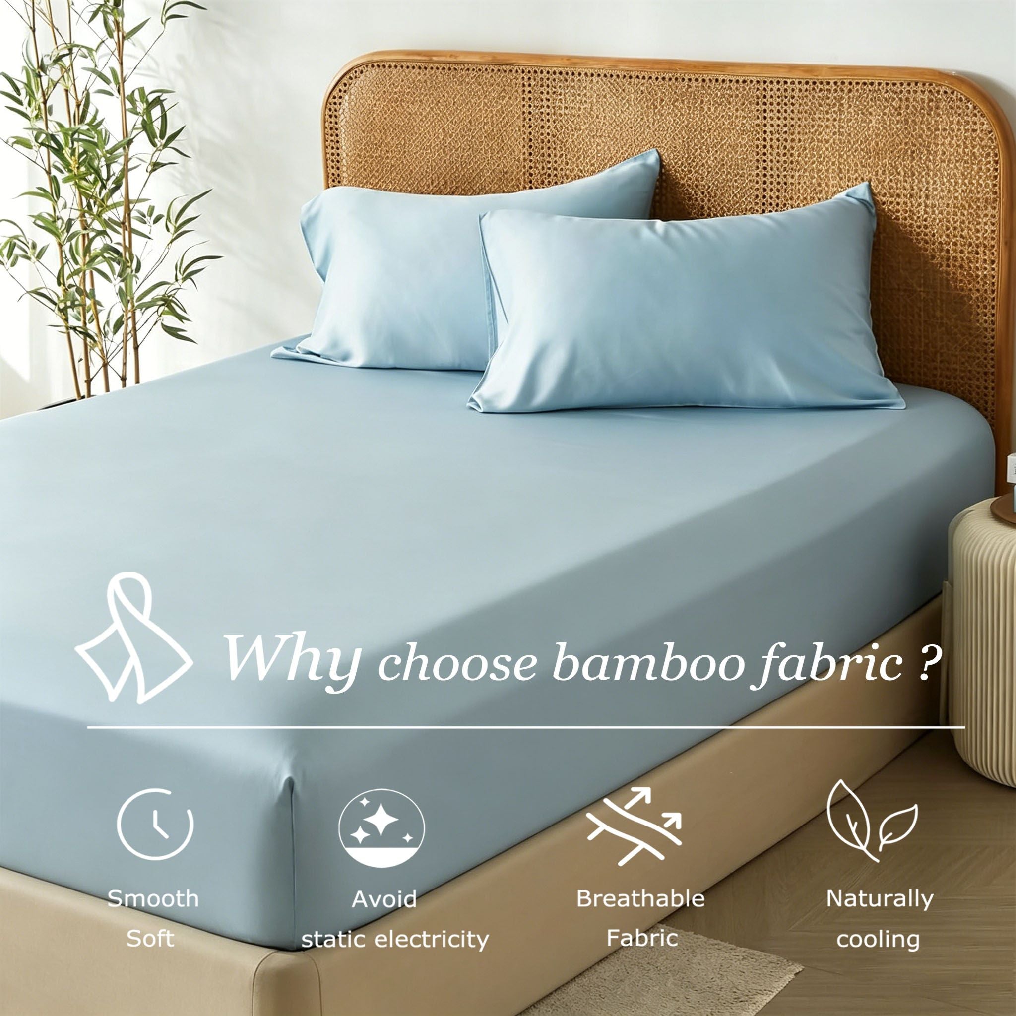 3 Piece Hotel Bamboo Cooling Fitted Sheet Set & Pillowcase -Ultra Soft 2000TC Breathable Fitted Bed Sheets Set with 37 Centimetre Deep Pocket-Cooling Sheets for Hot Sleepers(Sky Blue,Queen)