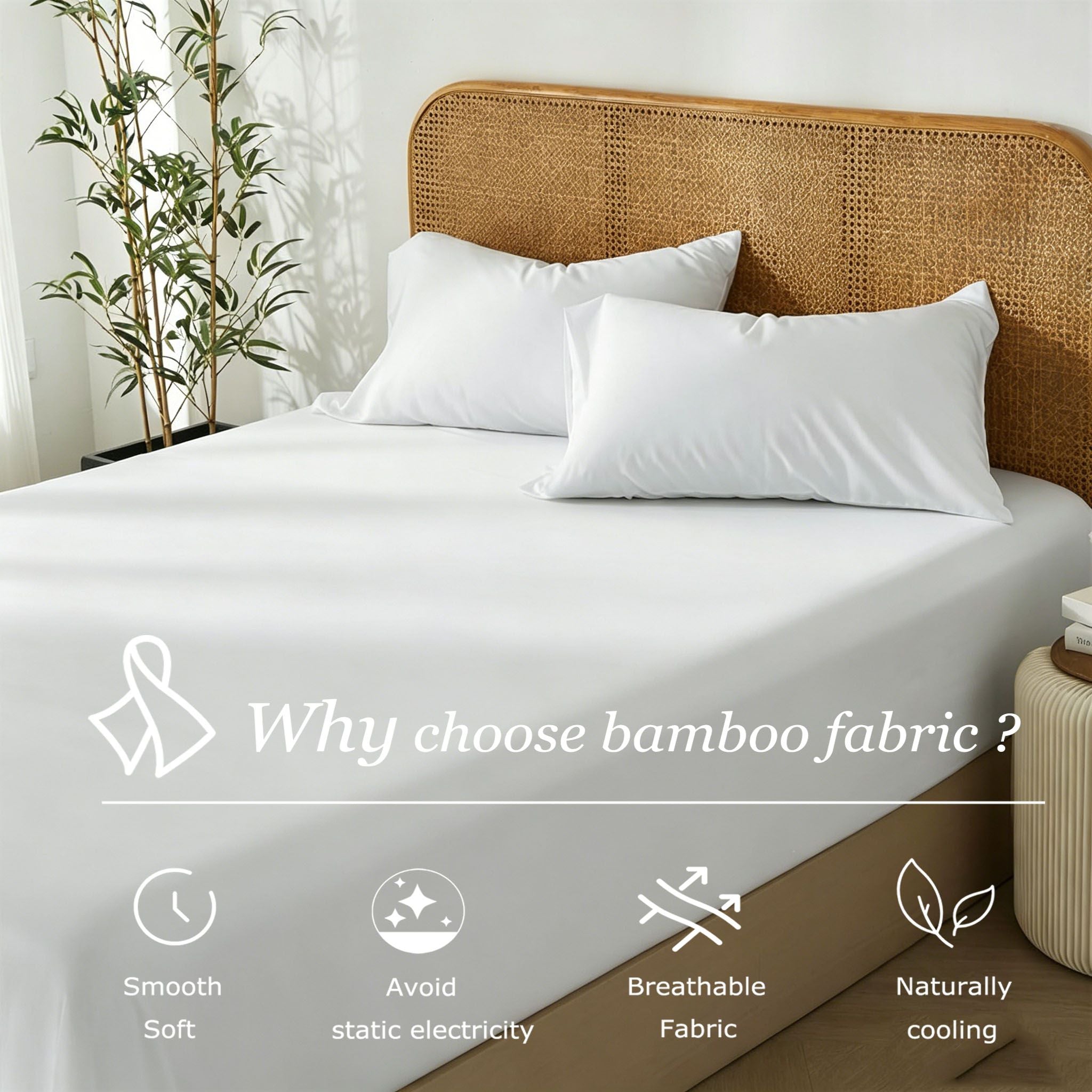 3 Piece Hotel Bamboo Cooling Fitted Sheet Set & Pillowcase -Ultra Soft 2000TC Breathable Fitted Bed Sheets Set with 37 Centimetre Deep Pocket-Cooling Sheets for Hot Sleepers(White,Super King)