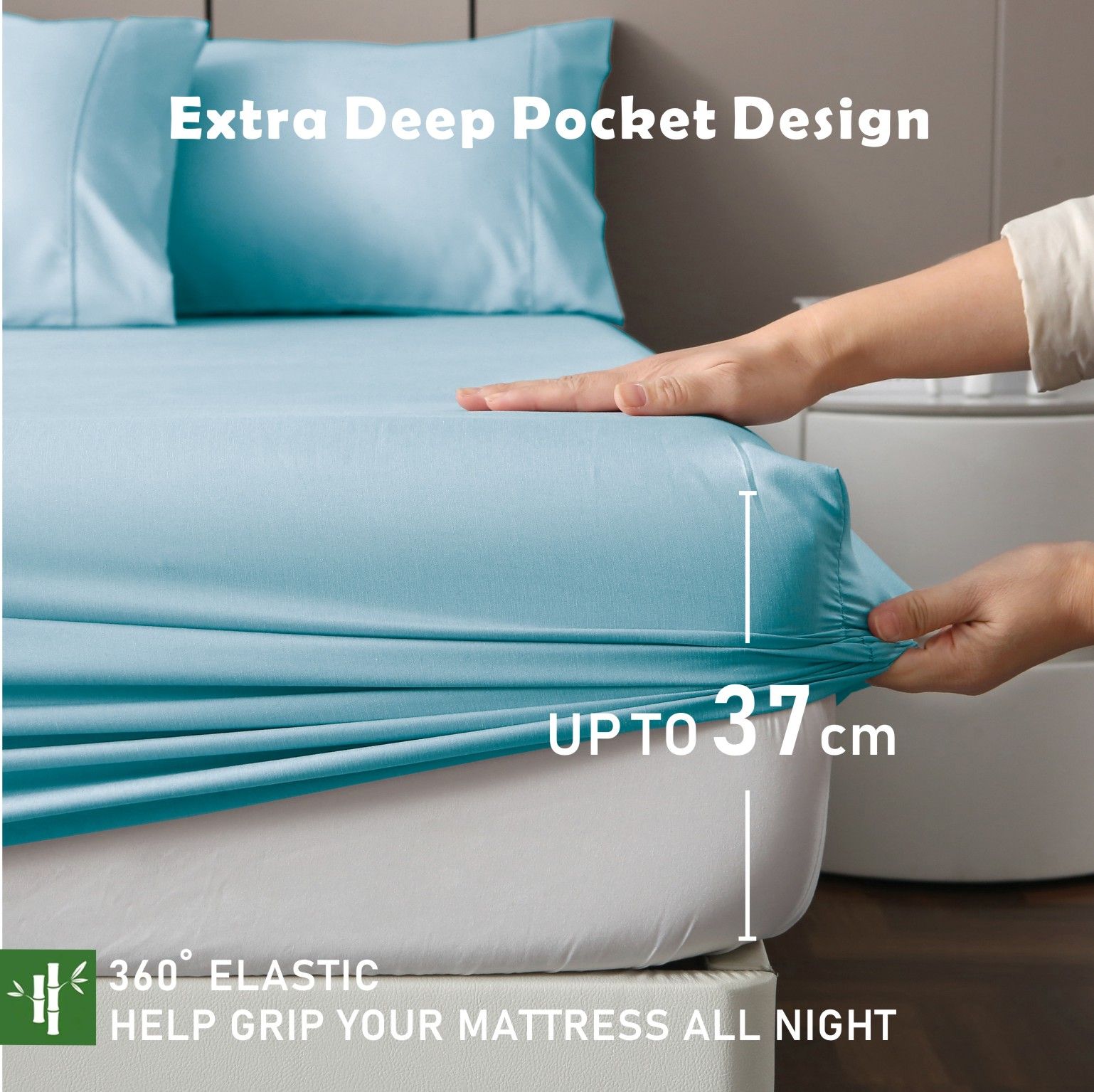 3 Piece Hotel Bamboo Cooling Fitted Sheet Set & Pillowcase -Ultra Soft 2000TC Breathable Fitted Bed Sheets Set with 37 Centimetre Deep Pocket-Cooling Sheets for Hot Sleepers(Sky Blue,Super King)