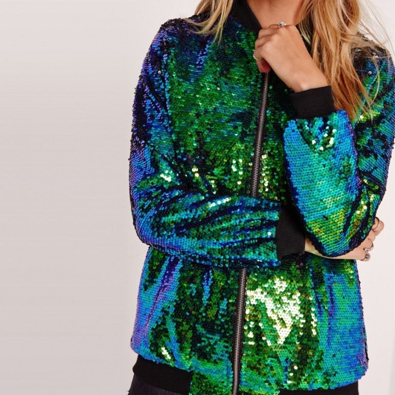 Women Sequin Baseball Jacket HANCY Loose Polyester Black XL
