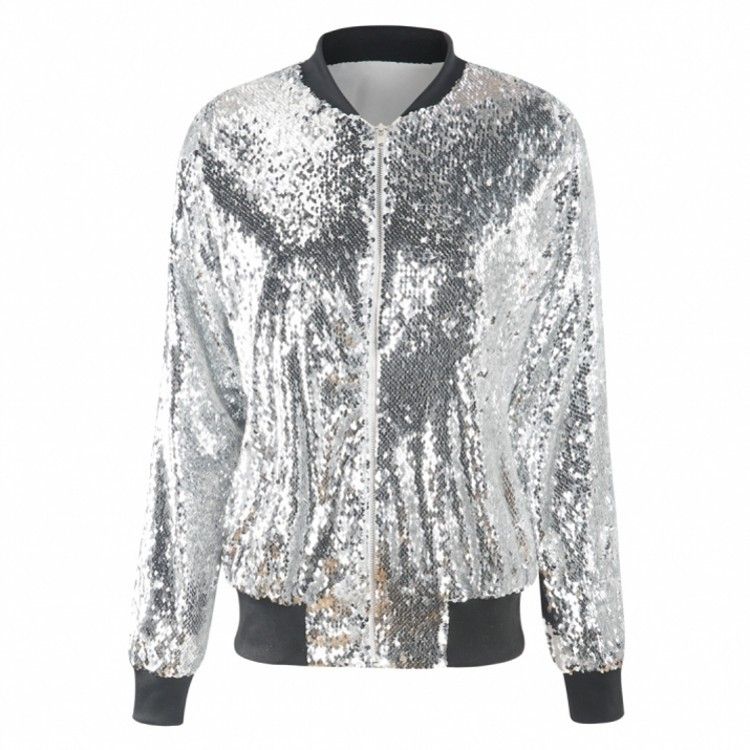 Women Sequin Baseball Jacket HANCY Loose Polyester Bright Silver