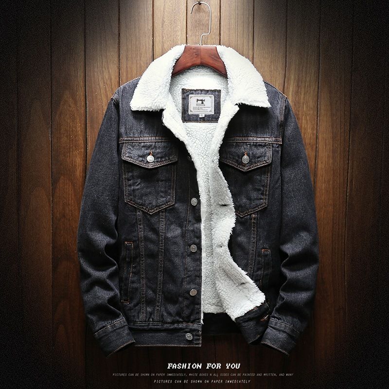 Men Fleece Lined Denim Jacket Korean Style Thick... Light Blue 3XL Size: 3XL; Height (cm): 185-190; Weight (kg): 95-105; Bust (cm): 116; Shoulder width (cm): 48; Length (cm): 74; Sleeve length (cm): 68