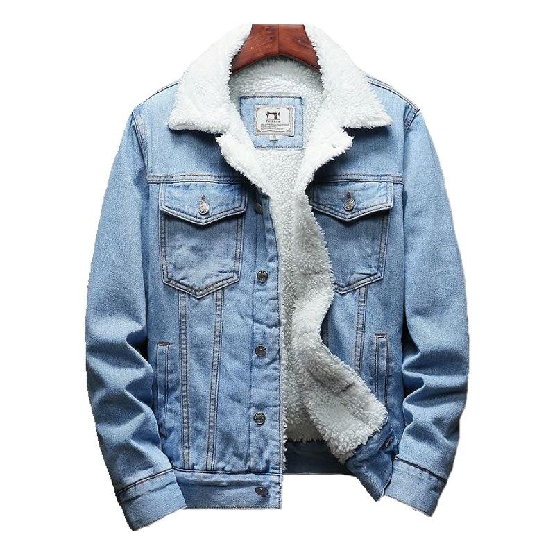 Men Fleece Lined Denim Jacket Korean Style Thick... Light Blue 5XL